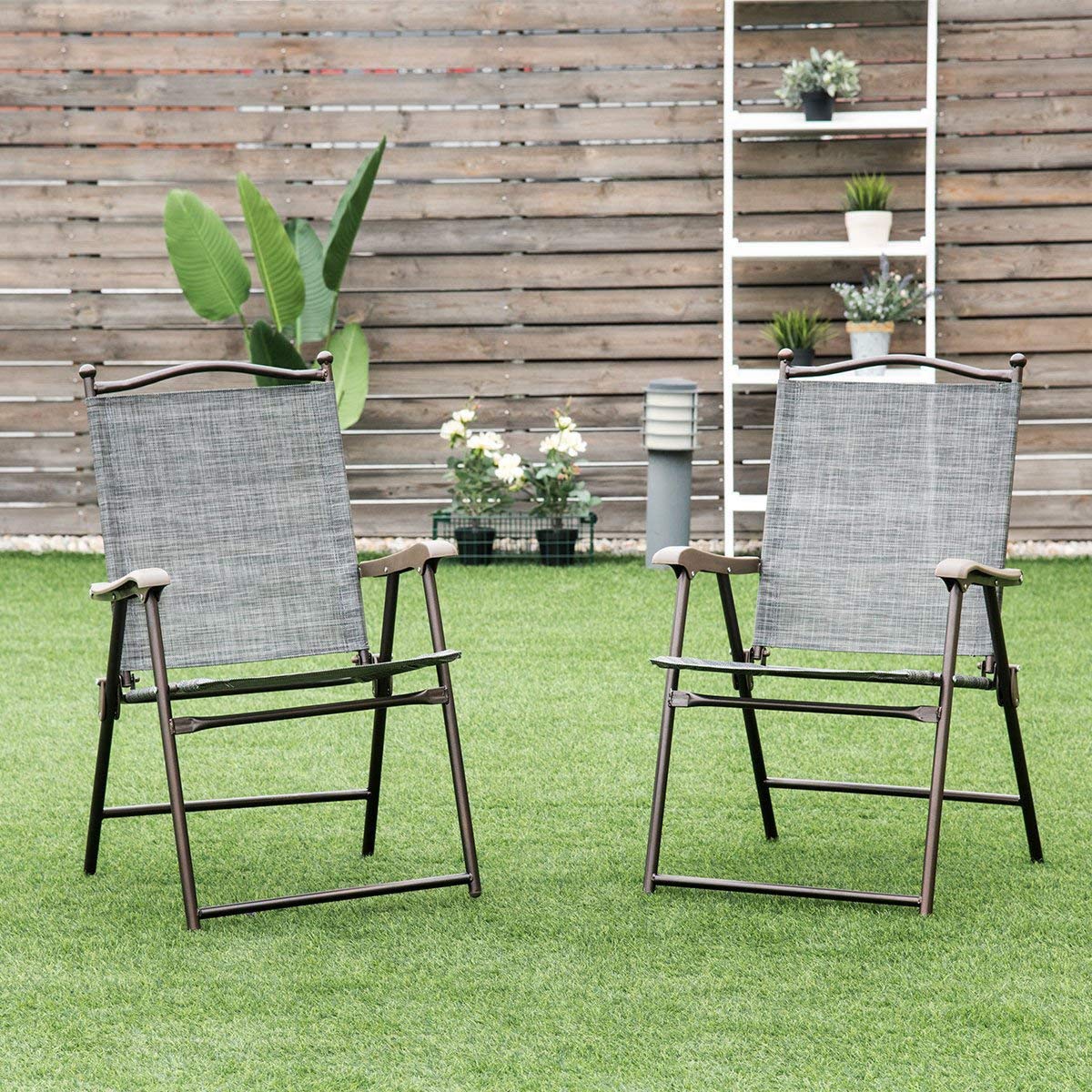Giantex Set of 2 Folding Patio Chairs with Armrests - Lightweight Sling Lounge Chairs for Indoor Outdoor Use, Garden, Poolside, Beach, Camping & Backyard - Easy Assembly Metal Frame Grey Patio Furniture