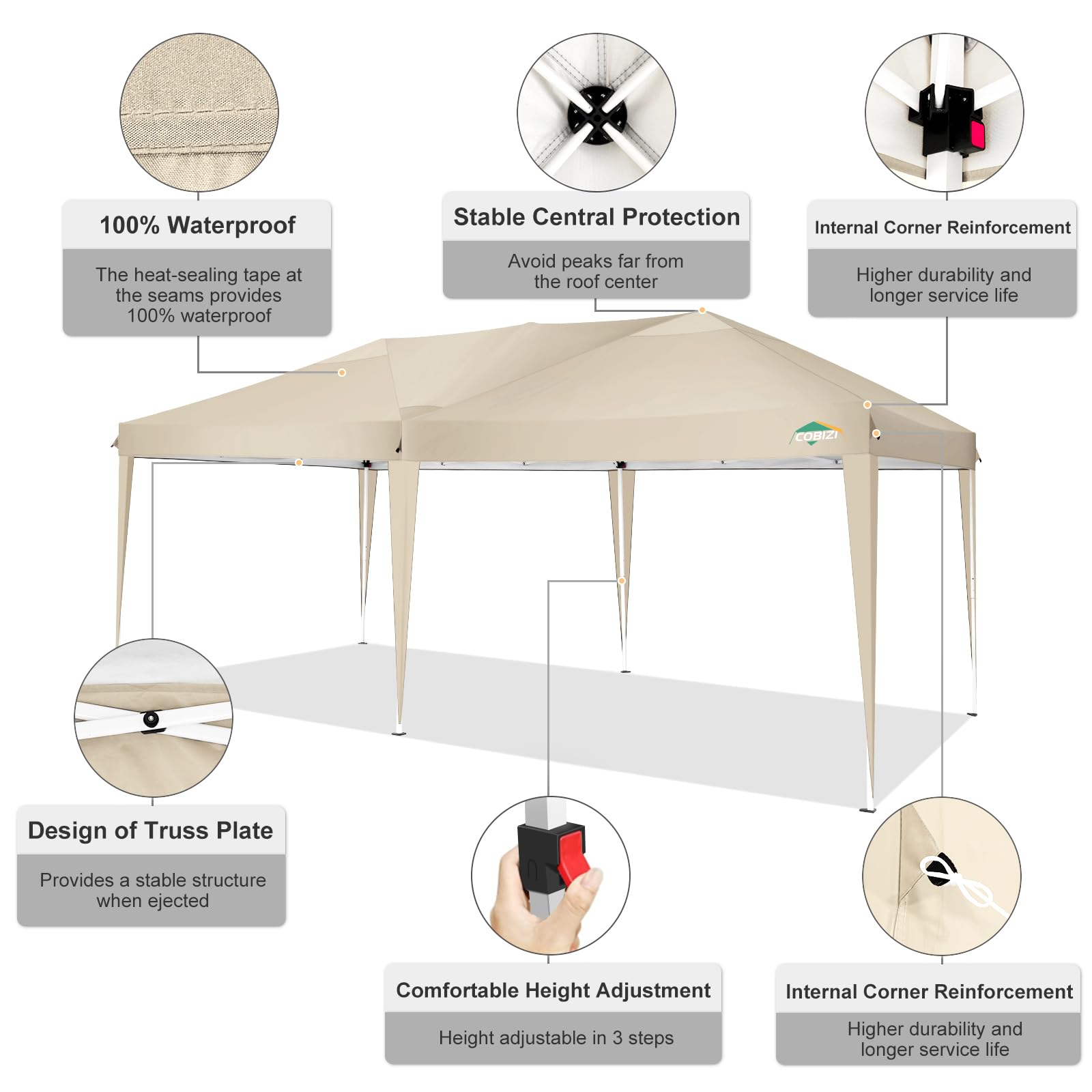 COBIZI 10x20ft Pop Up Canopy Tent - Waterproof Instant Shelter for Outdoor Events, Weddings & Commercial Use | Portable Gazebo for Camping, Backyard Parties & Car Protection (Khaki)