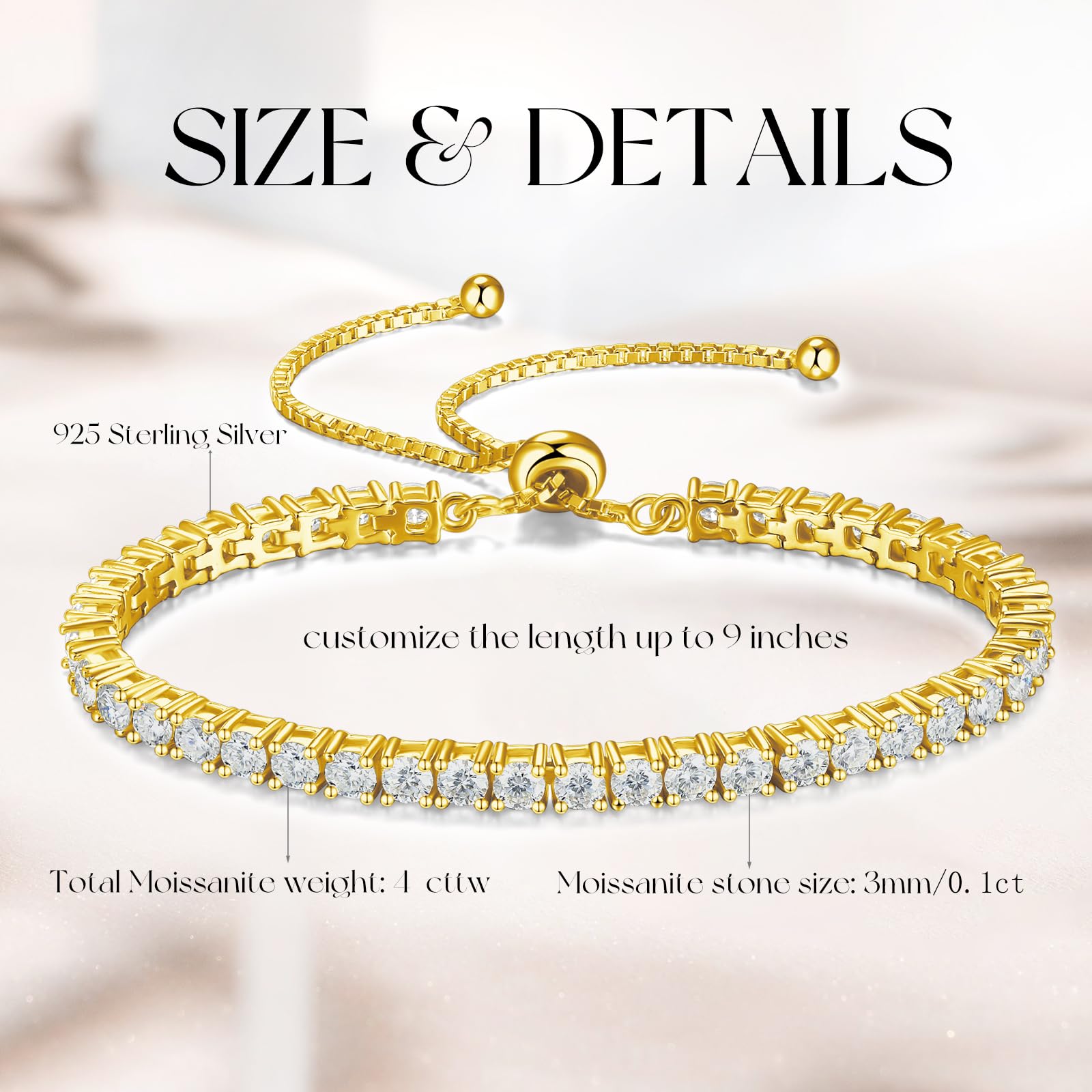 FANCIME 1.2ct-12ct Lab Created Moissanite Tennis Bracelet for Women - 925 Sterling Silver Adjustable Bolo Bracelet, D Color VVS1 Round Cut (2/3/4/5mm) | Perfect for Weddings, Anniversaries & Special Occasions