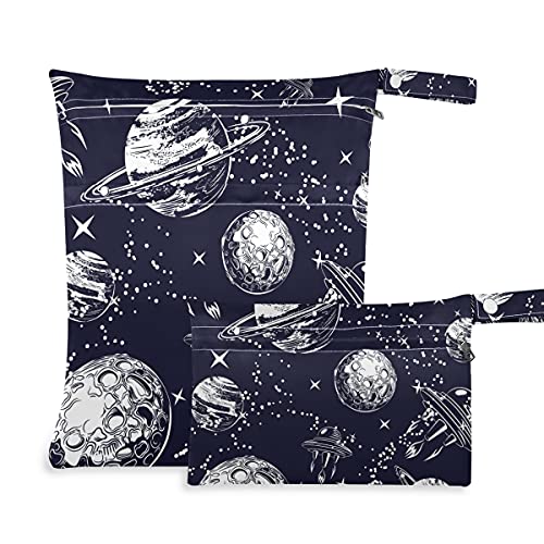 Cosmic Planets Spaceships Wet Dry Bag - Reusable Waterproof Diaper & Swim Bag with 2 Zippered Pockets & Handle - Perfect for Toiletries, Pool, Beach, Travel & Baby Essentials