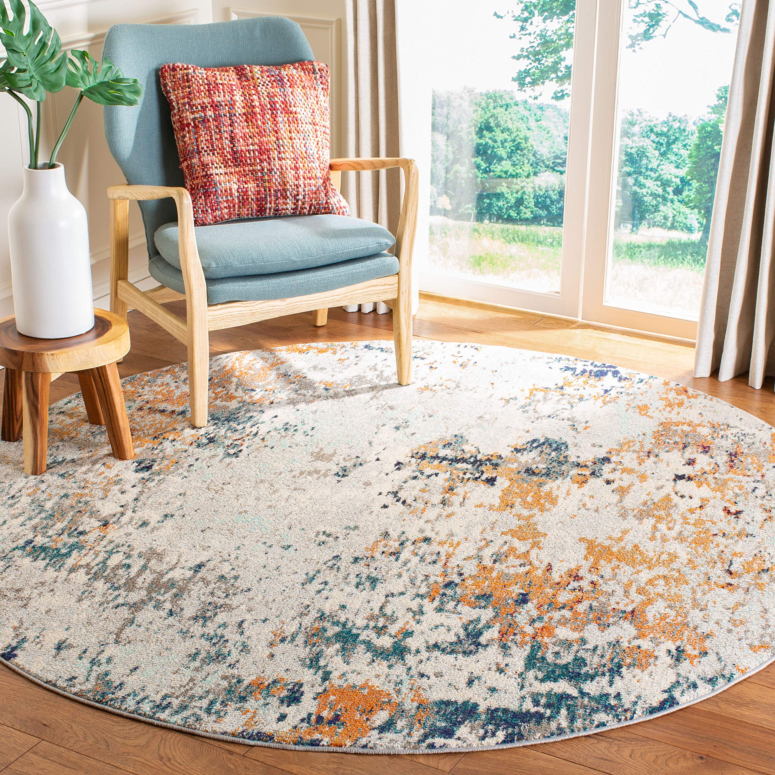 SAFAVIEH Madison Collection 8' Round Grey/Beige Modern Abstract Area Rug - Non-Shedding, Stain Resistant for Dining Room, Living Room, Bedroom & Entryway (MAD453A) | Perfect for Home Decor, Office Spaces & High Traffic Areas