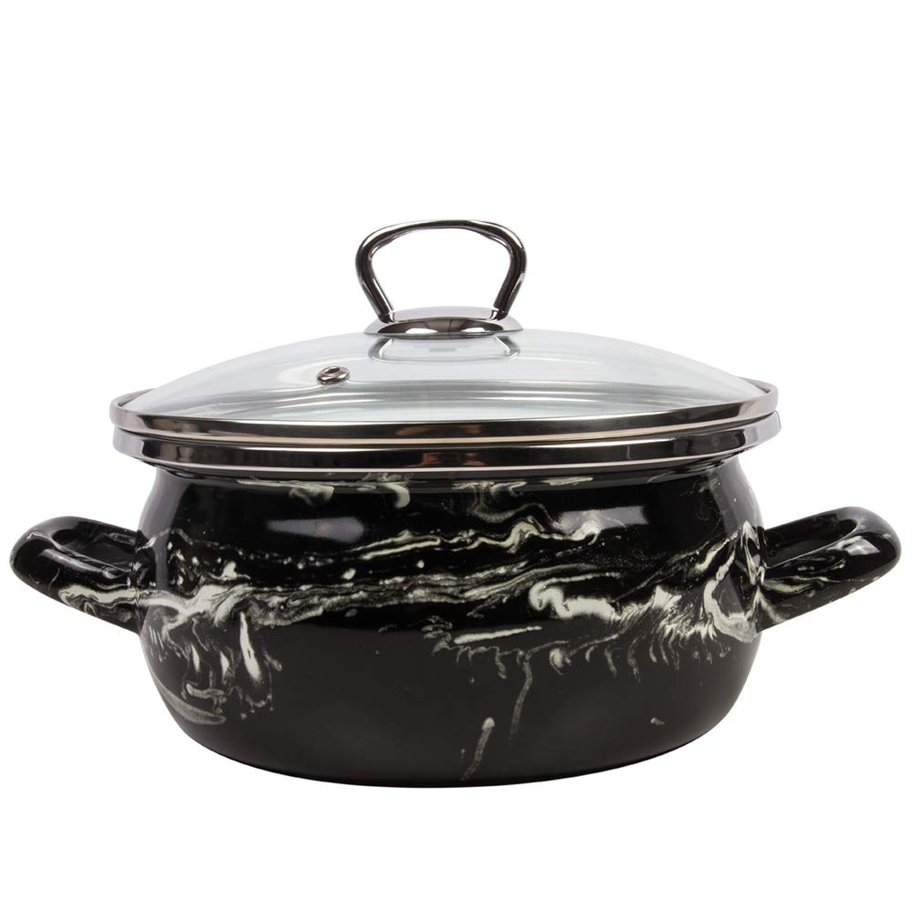 4.2-Qt Black & White Enamel Stock Pot with Glass Lid - Durable Enamelware Cooking Pot for Soups, Stews & Pasta - Perfect for Stovetop, Oven & Camping (4 Liter Capacity)