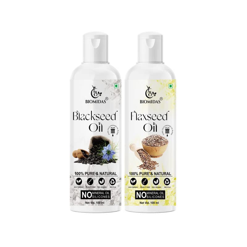 Premium Black Seed Oil & Flaxseed Oil Combo (100ml x 2) - 100% Pure for Hair Growth, Anti Hair Loss, Split Ends Repair & Shiny Hair - Natural Hair Care Solution for Men & Women - Perfect for Daily Scalp Massage & DIY Hair Treatments