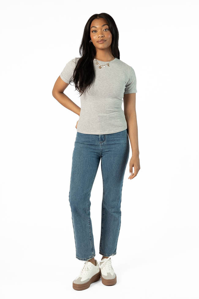 Premium Grey Ribbed Crew Neck T-Shirt for Men & Women - Soft Cotton Essential Tee for Casual Wear, Layering & Everyday Outfits