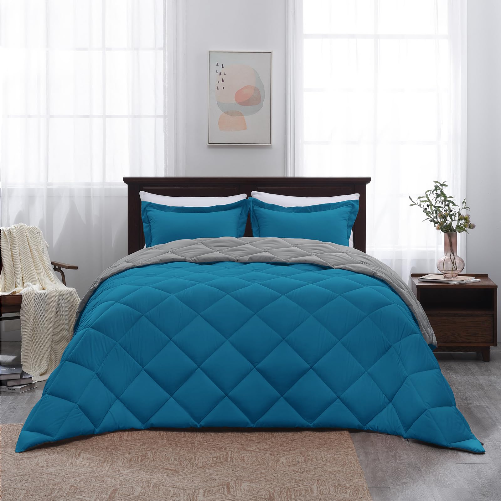 Basic Beyond Twin Comforter Set - Reversible All-Season Blue & Charcoal Gray Bedding (66