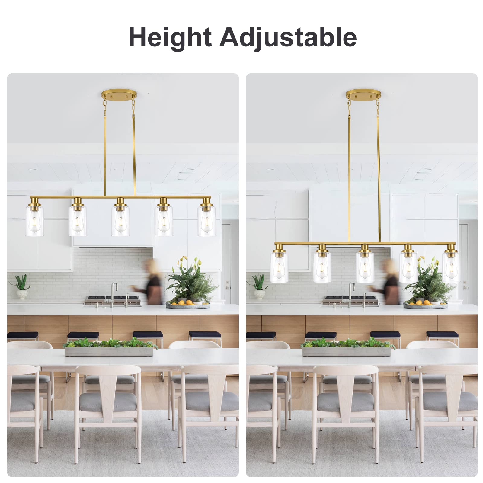 Modern 5-Light Kitchen Island Lighting - Gold Linear Farmhouse Chandelier with Clear Glass Shade for Dining Room & Breakfast Nook - Perfect Over Tables, Countertops and Kitchen Islands
