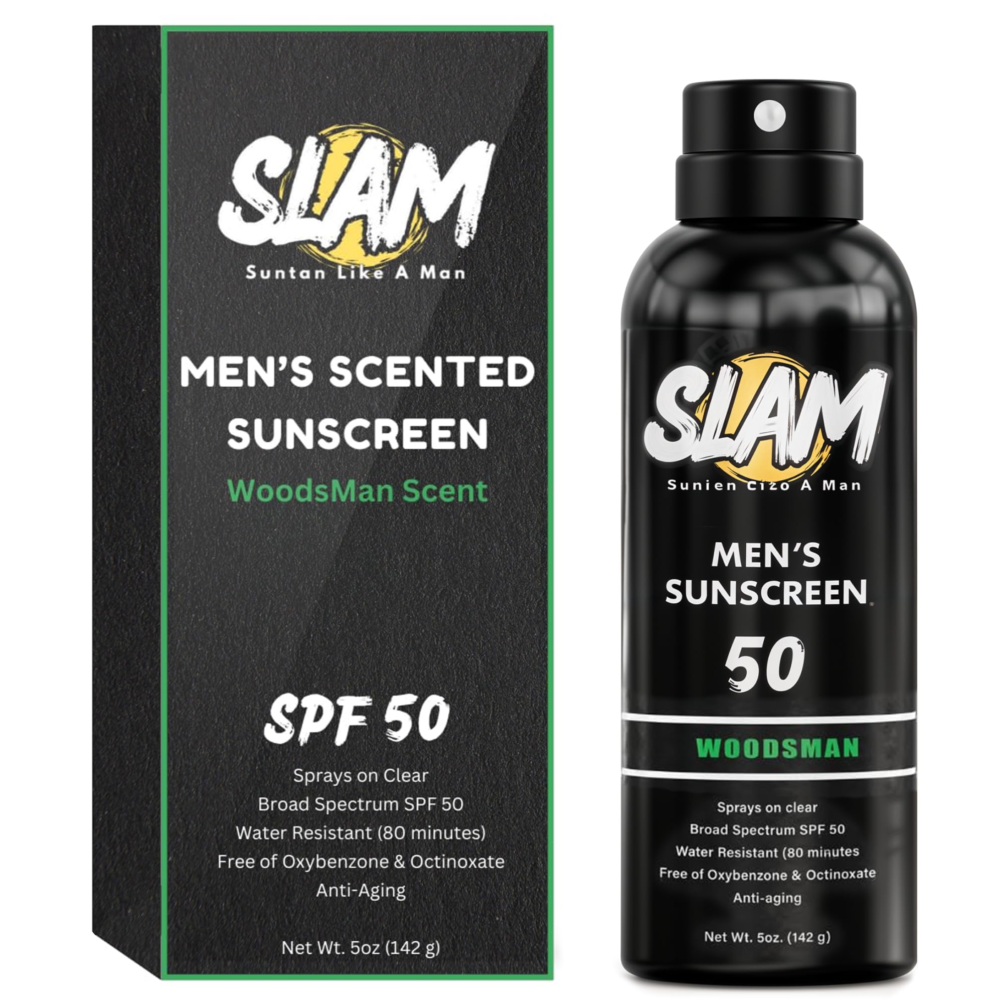 SLAM WoodsMan Men's Scented Sunscreen Spray SPF 50 - Broad Spectrum Waterproof Sunscreen for Face & Body, Sweat Resistant UVA/UVB Protection Sunblock Spray | Perfect for Outdoor Activities, Hiking, Beach & Sports