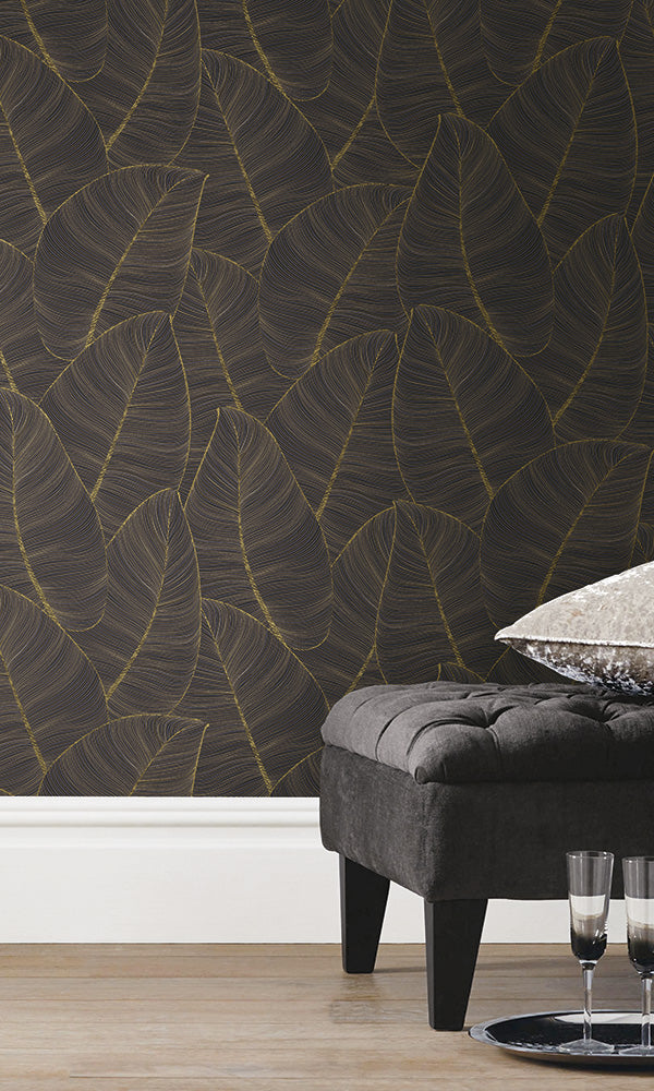 Black Fine Line Leaves Metallic Wallpaper R6297 - Elegant Peel & Stick Wallpaper for Living Room, Bedroom, Office Decor | Self-Adhesive Removable Wallpaper for Home Renovation