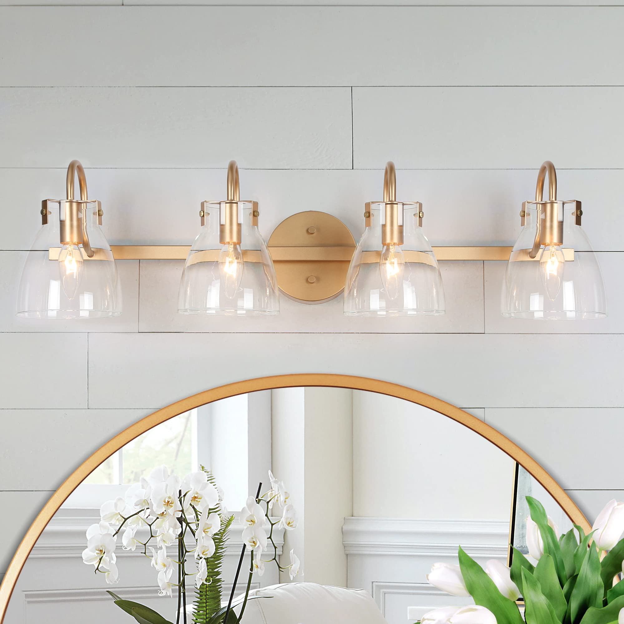 KSANA Gold Vanity Lights - 4 Light Bathroom Mirror Lighting with Clear Glass Shades for Modern Bathrooms