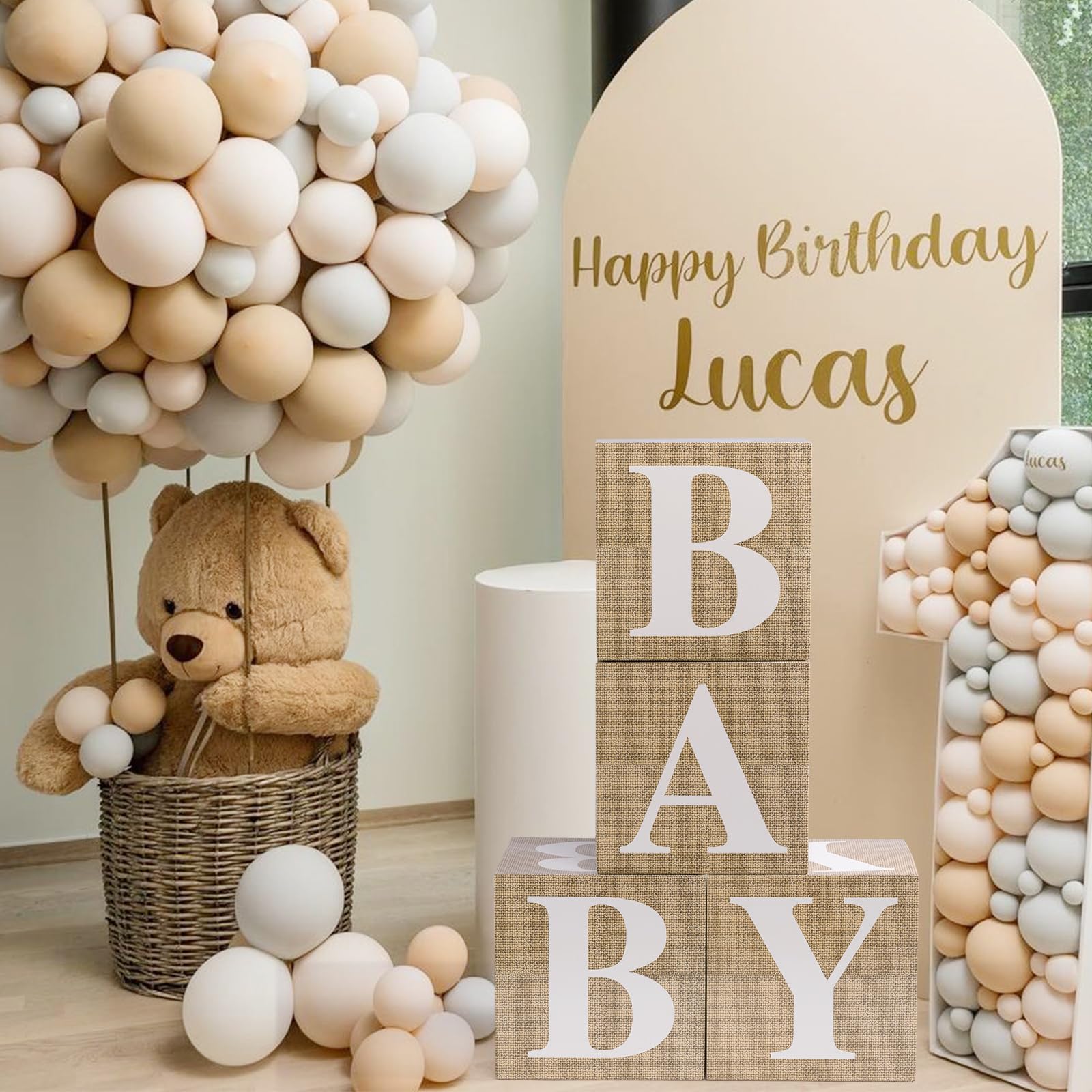 4pcs Baby Shower Balloon Boxes with Printed Letters - Gender Reveal, Birthday & Wedding Decorations (Burlap) | Perfect for Baby Showers, Gender Reveal Parties & Nursery Decor