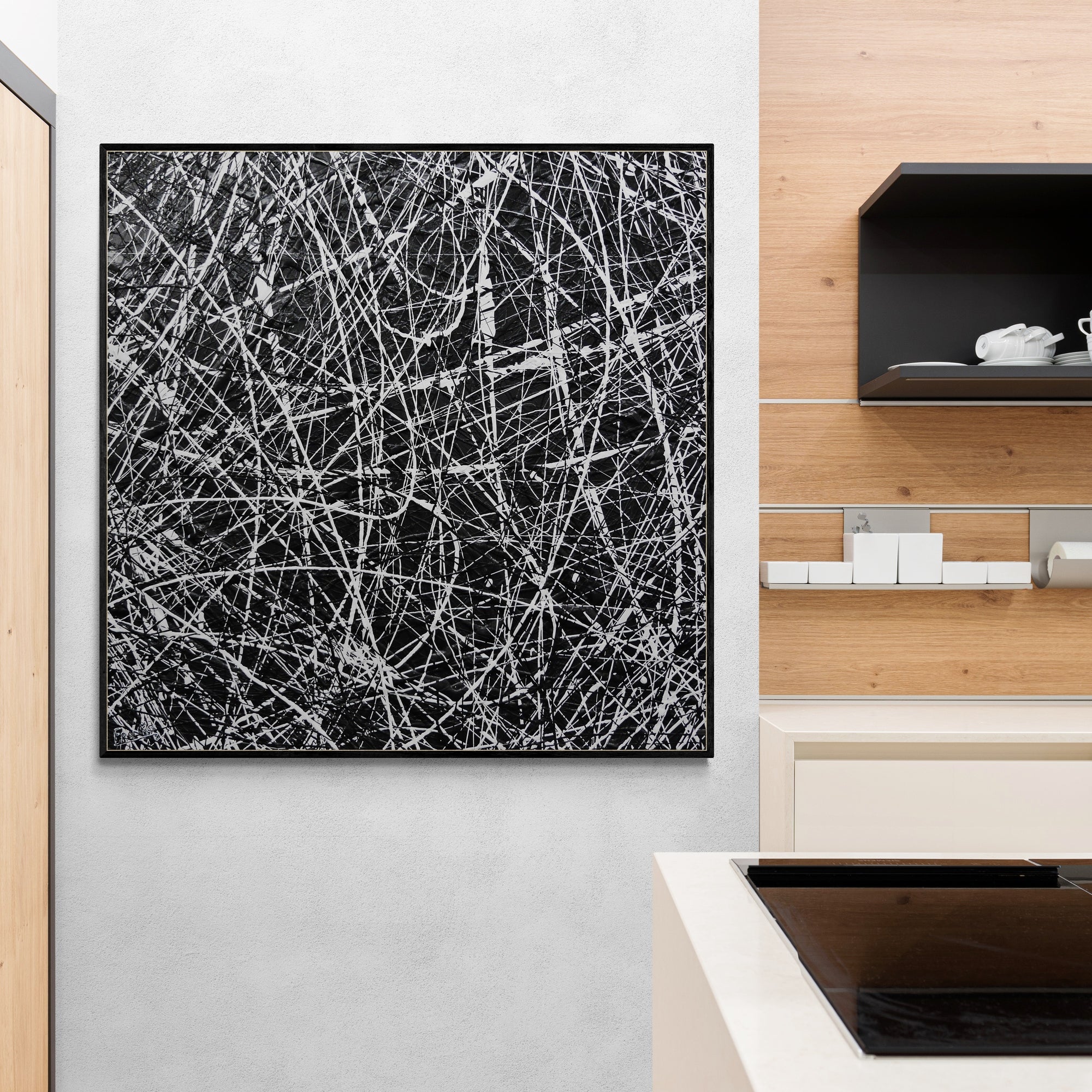 Brainiac 120x120cm Black & White Textured Abstract Canvas Art Painting - Modern Wall Decor for Living Room, Bedroom & Office