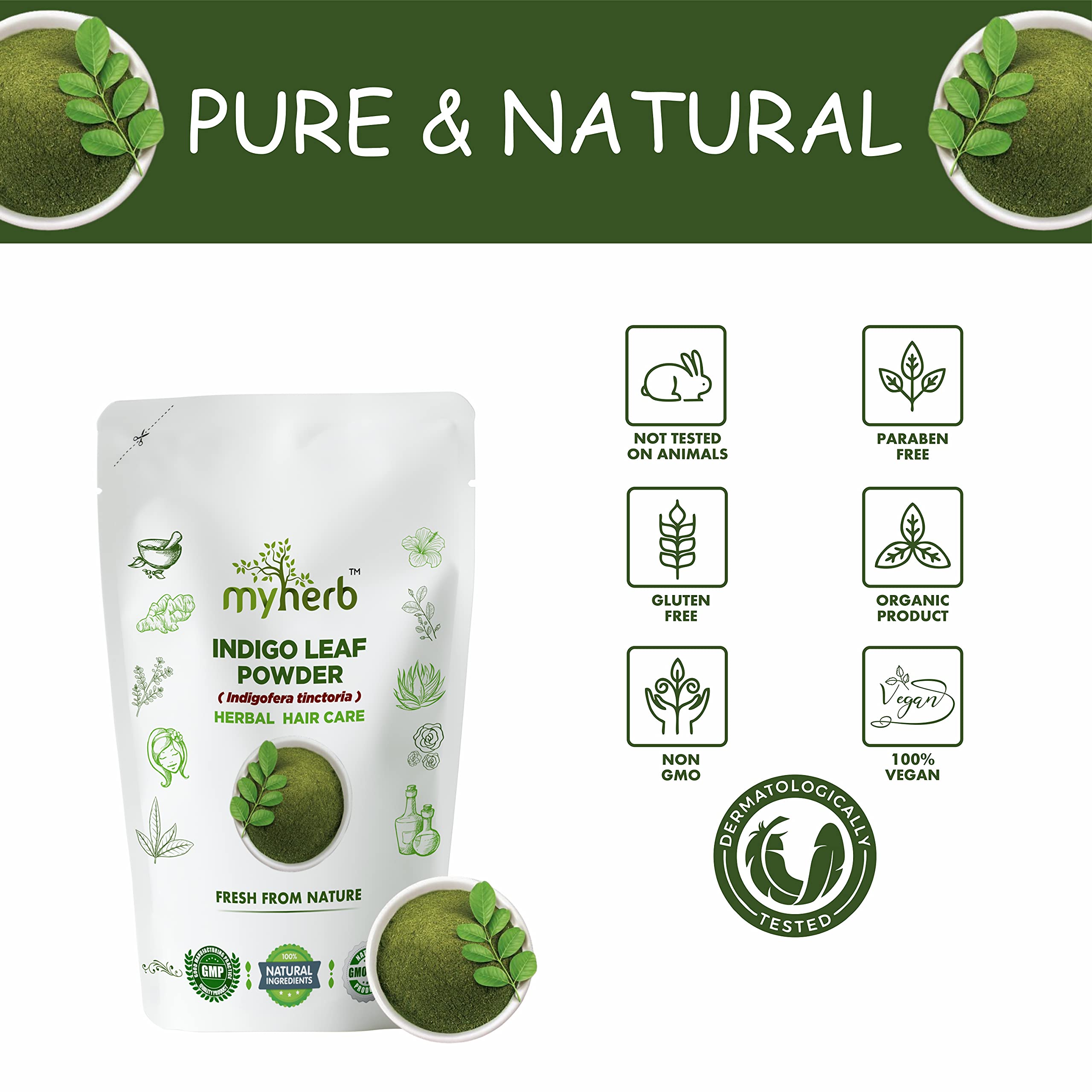 MYHERB 100% Natural Organic Indigo Leaf Powder (Indigofera tinctoria) - 8oz/227g for Hair Growth & Black Hair Care - Men & Women - DIY Herbal Hair Dye & Scalp Treatment for Natural Gray Coverage & Healthy Locks