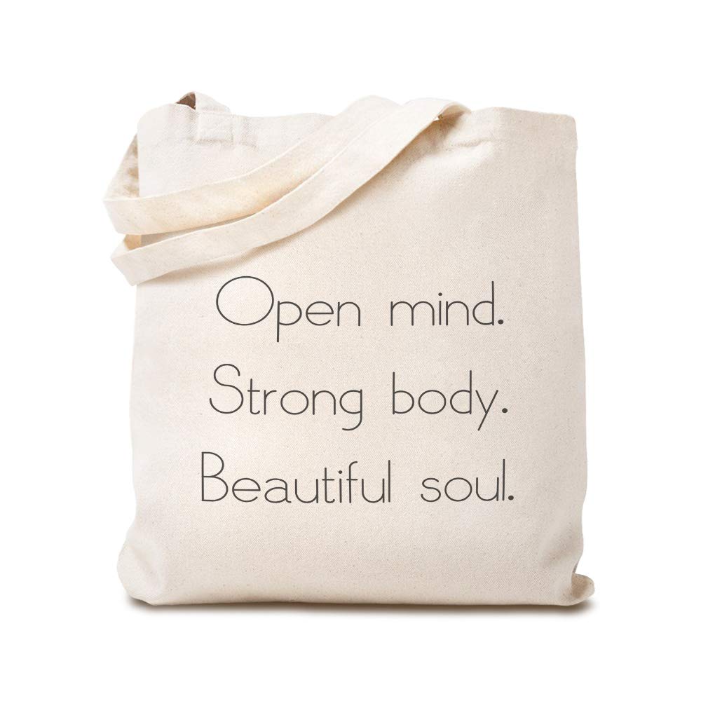Custom Canvas Tote Bag - Reusable Shopping & Beach Bag for Women with 'Open Mind Strong Body Beautiful Soul' Design - Perfect for Groceries, Work, Travel & Eco-Friendly Outings