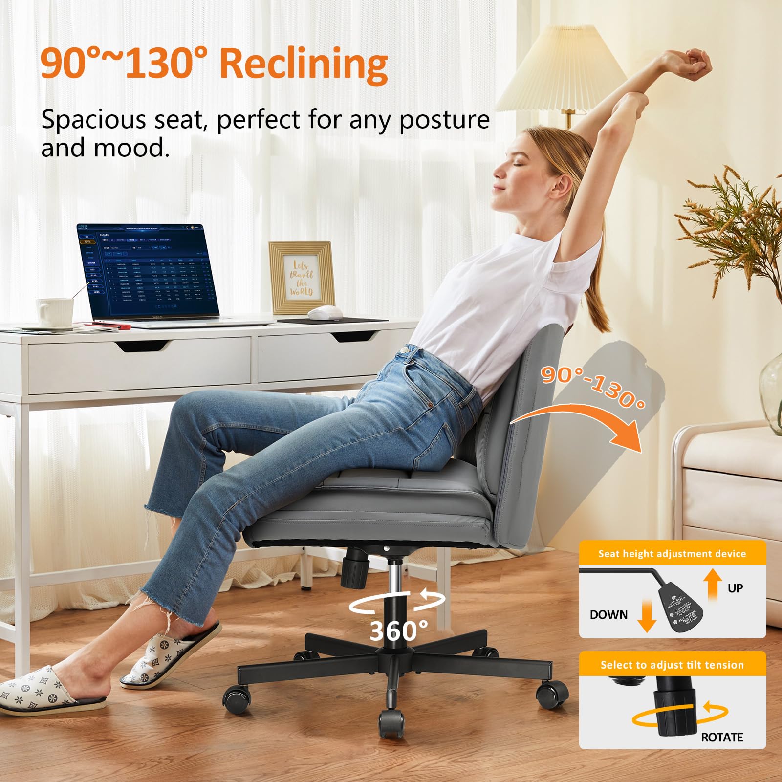 Criss Cross Legged Office Chair with Wheels - Armless Swivel Desk Chair, Wide Seat & Height Adjustable for Home Office, Computer Task, Vanity - Perfect for Cross-Legged Sitting, Work from Home & Gaming