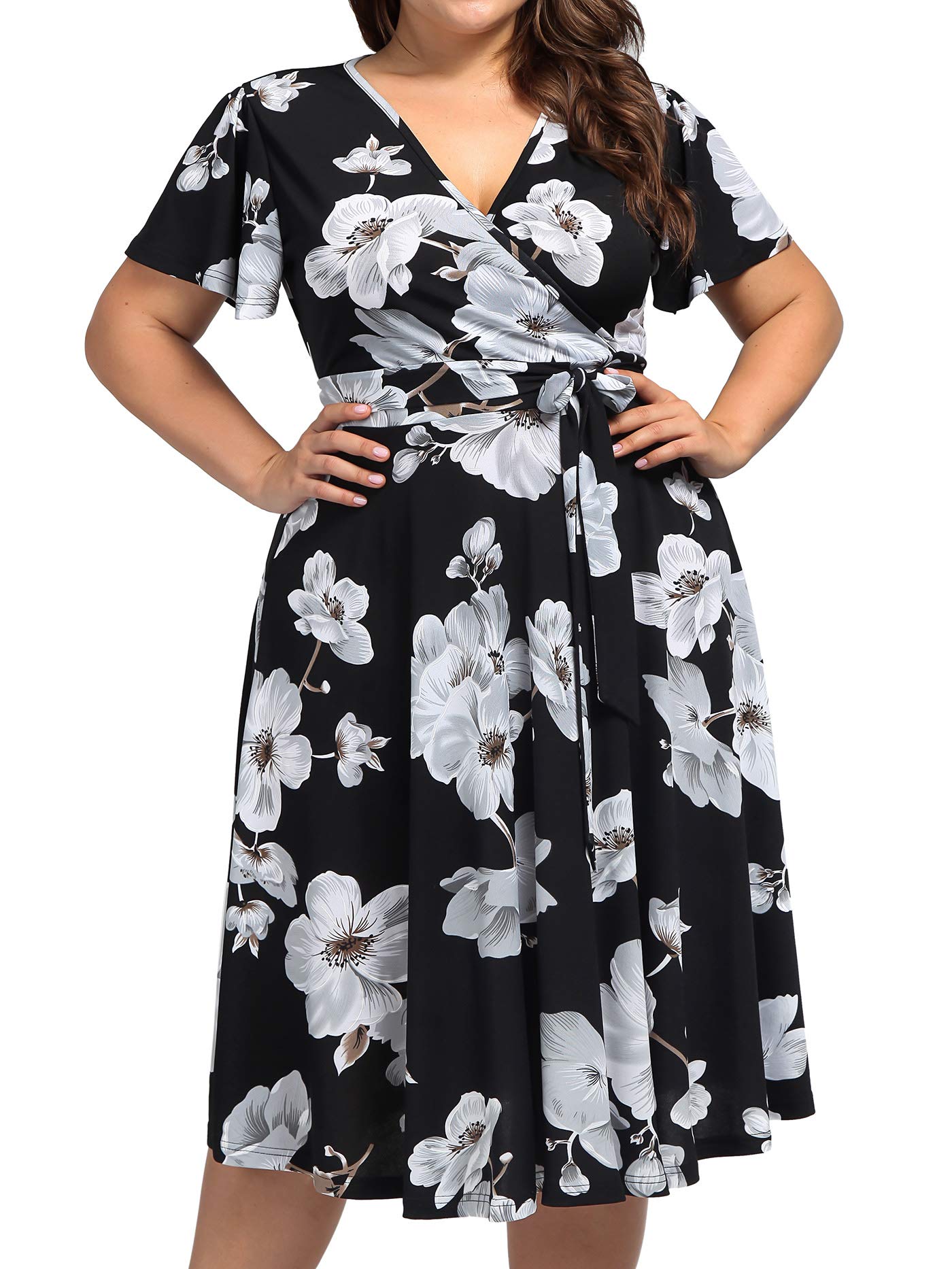 Kissmay Plus Size Women's V-Neck Floral Print Cocktail Party Midi Dress with Pockets - Elegant Formal Wear for Wedding Guest, Office Party & Special Occasions