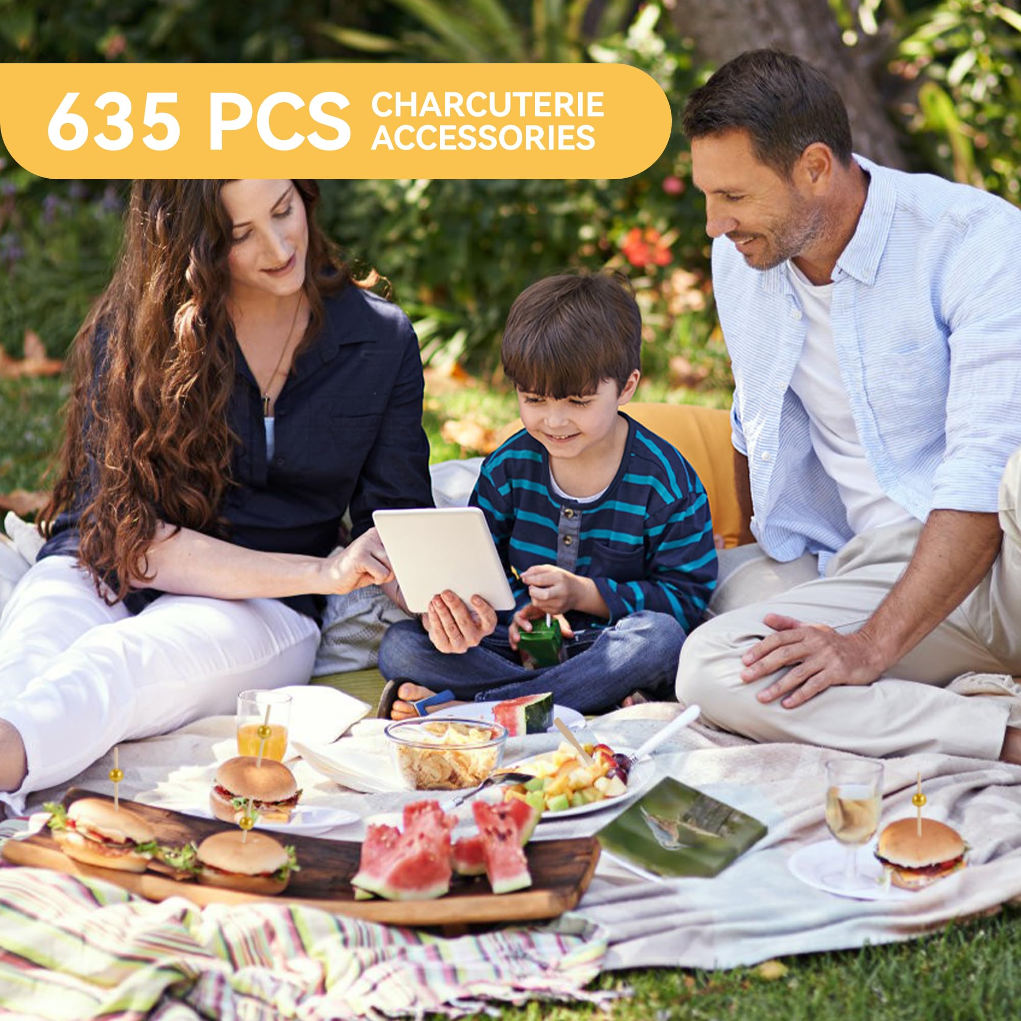Premium Charcuterie Board Set - 635 PCS Wooden Cheese Board Accessories Kit with Mini Tongs, Cocktail Picks, Forks, Honey Dippers & Toothpick Flags - Perfect for Christmas Parties, Charcuterie Platters & Pastry Making