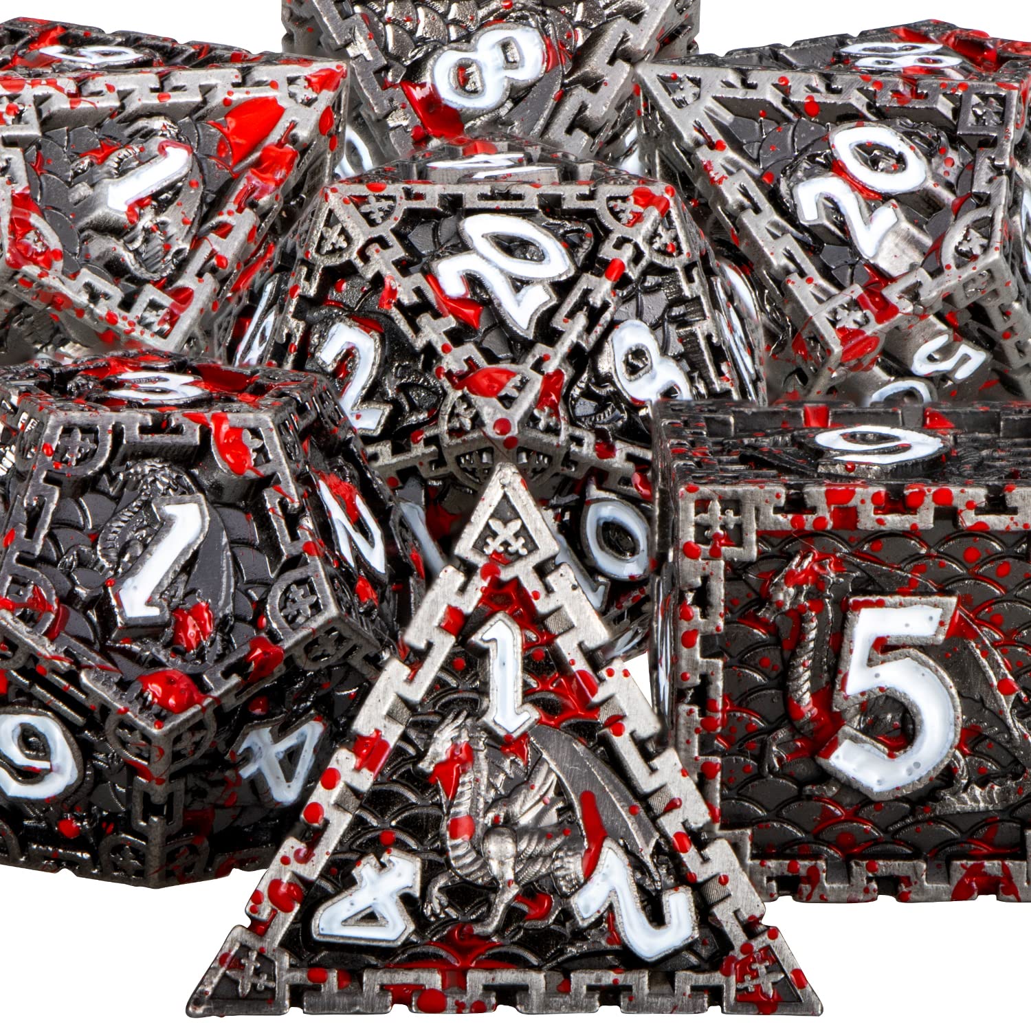 Premium Handmade Metal D&D Dice Set - Dragon Design Blood Red Polyhedral Dice (D20, D12, D10, D8, D6, D4) with Gift Box for Dungeons & Dragons RPG, Tabletop Gaming & Collectors