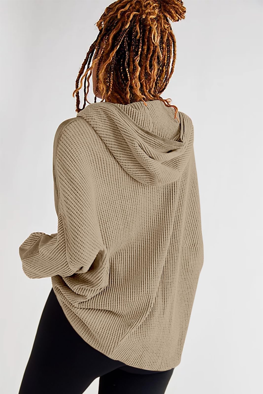 Women's Oversized Waffle Knit Zip Up Hoodie Jacket - Long Sleeve Shacket Blouse with Pockets | Casual Loungewear & Streetwear Fashion