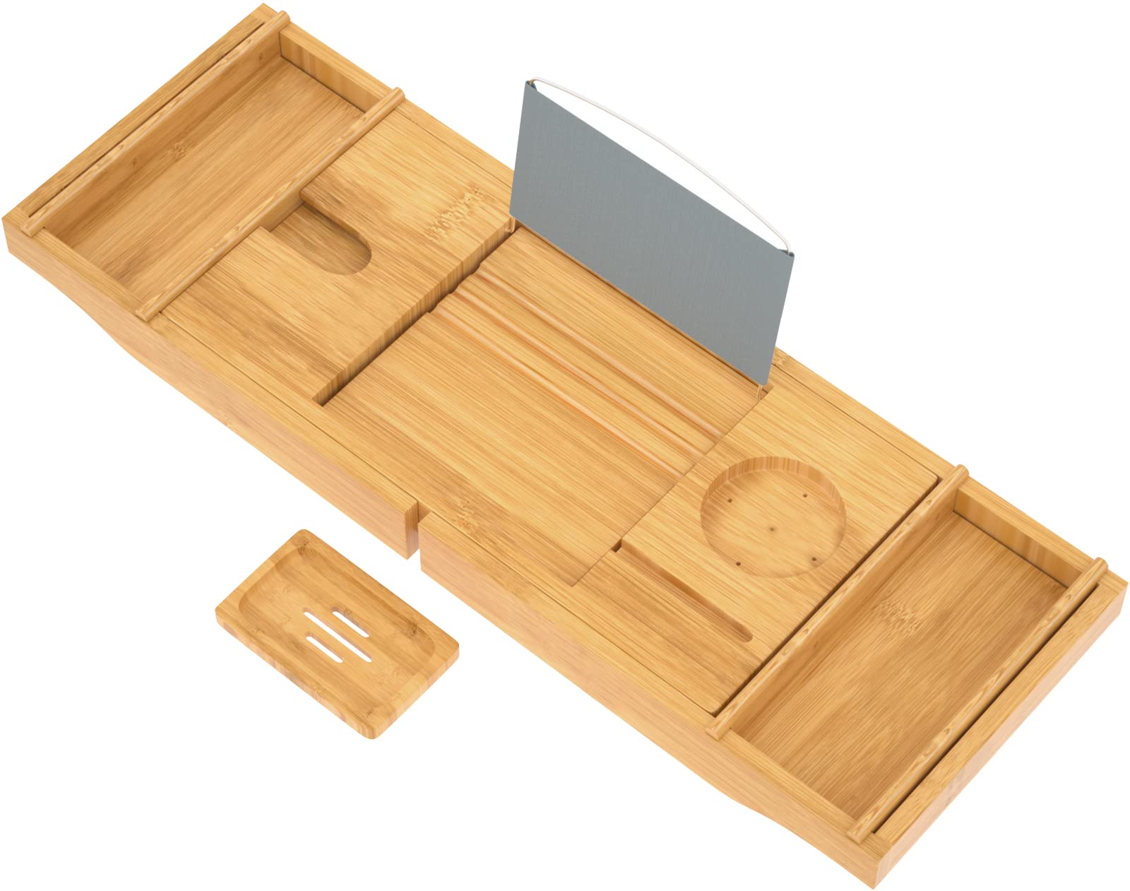 Luxury Expandable Bathtub Caddy Tray with Wine Glass Holder, Book Stand & Soap Dish | Natural Wood Bathroom Organizer for Relaxing Spa Experience at Home