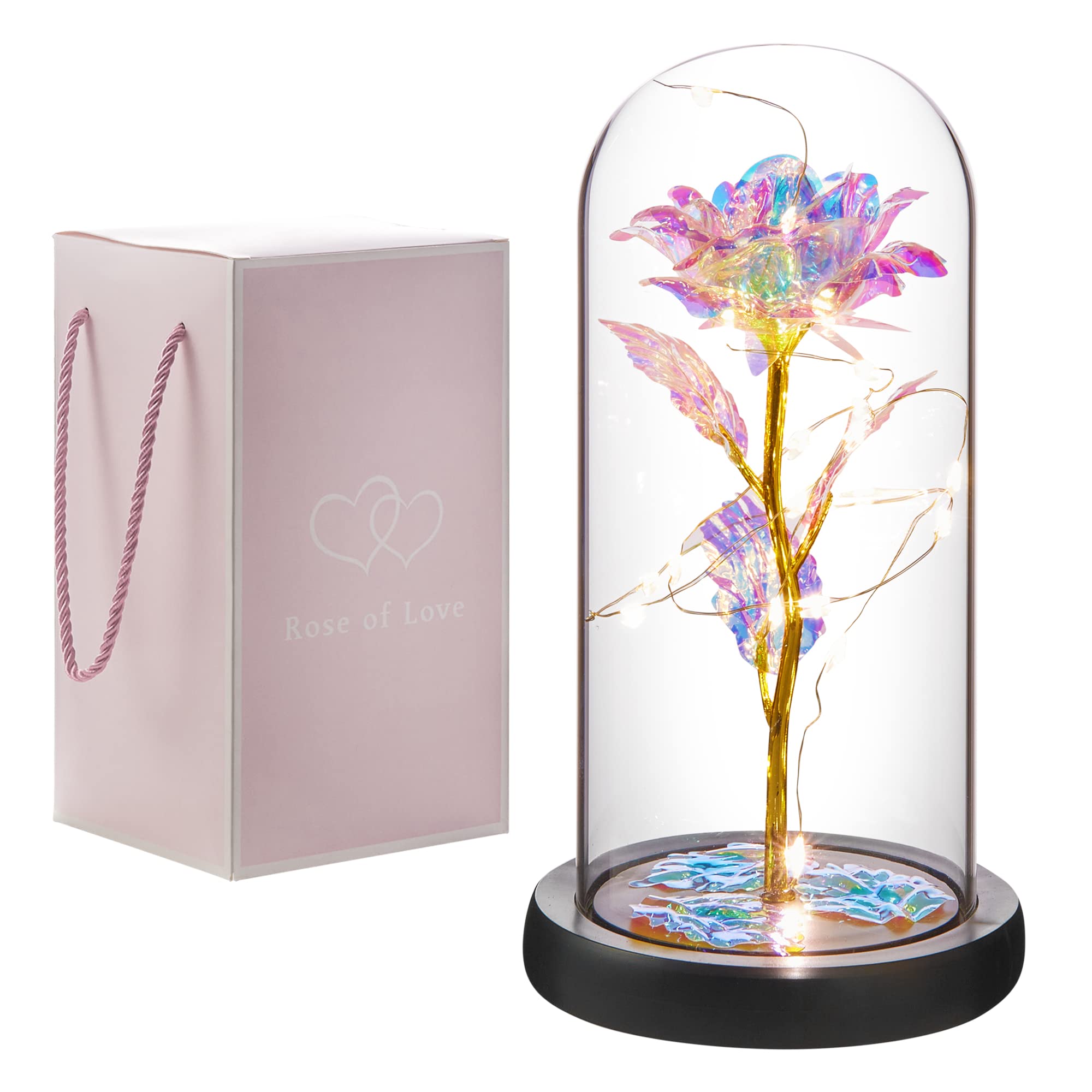 Oridom Eternal Preserved Rose in Glass Dome with LED Galaxy Light - Romantic Forever Flower Gift for Women, Mothers Day, Valentine’s Day, Anniversary, Birthday & Christmas Decor - Perfect for Home Decor, Wedding Centerpiece & Special Occasion Gifts