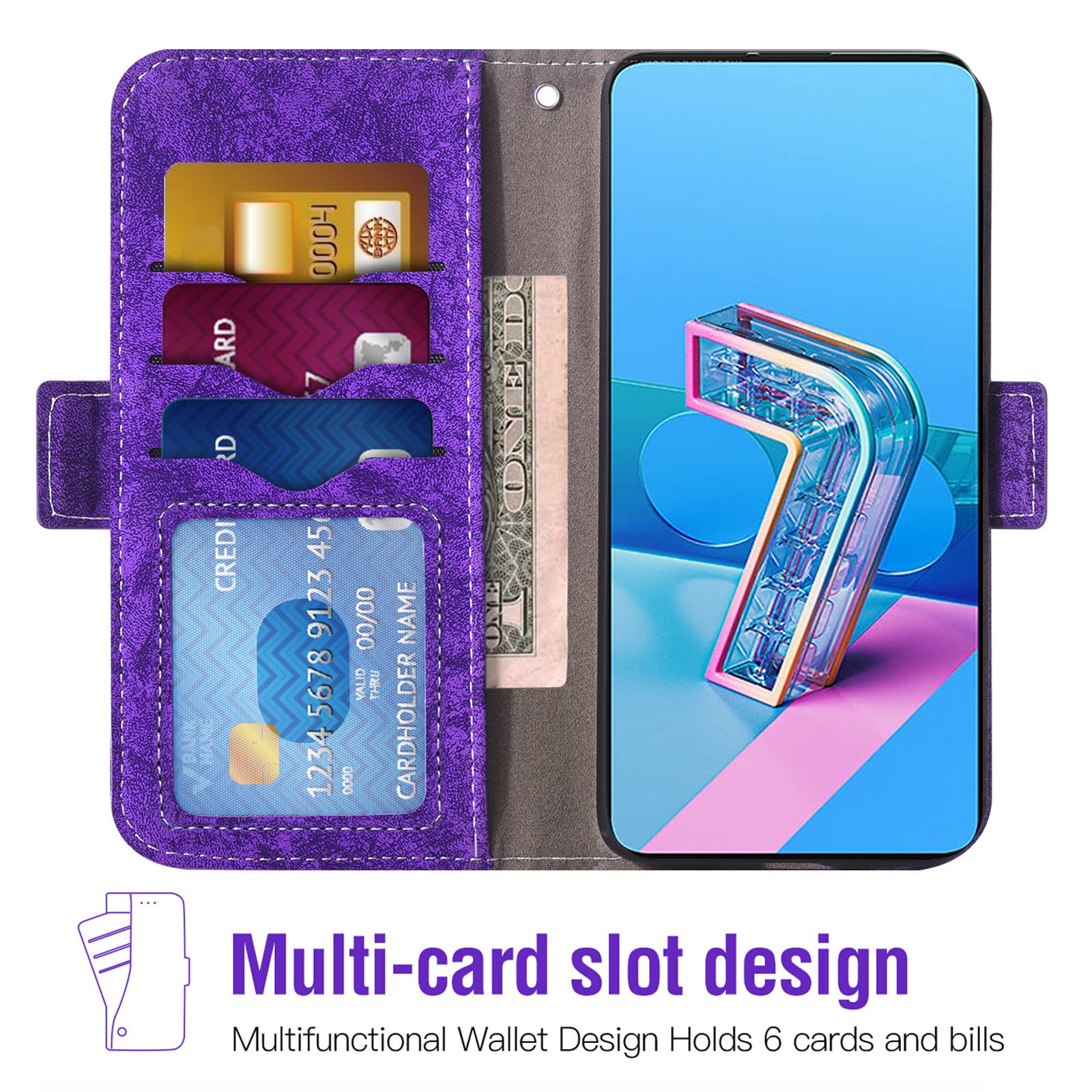 Asuwish Wallet Case for Asus ZenFone 7/7 Pro/8 Flip 5G (ZS670KS/ZS671KS/ZS672KS) with Tempered Glass Screen Protector, Card Holder & Kickstand - Purple Phone Cover for Men & Women | Perfect for Daily Use, Travel, and Hands-Free Viewing