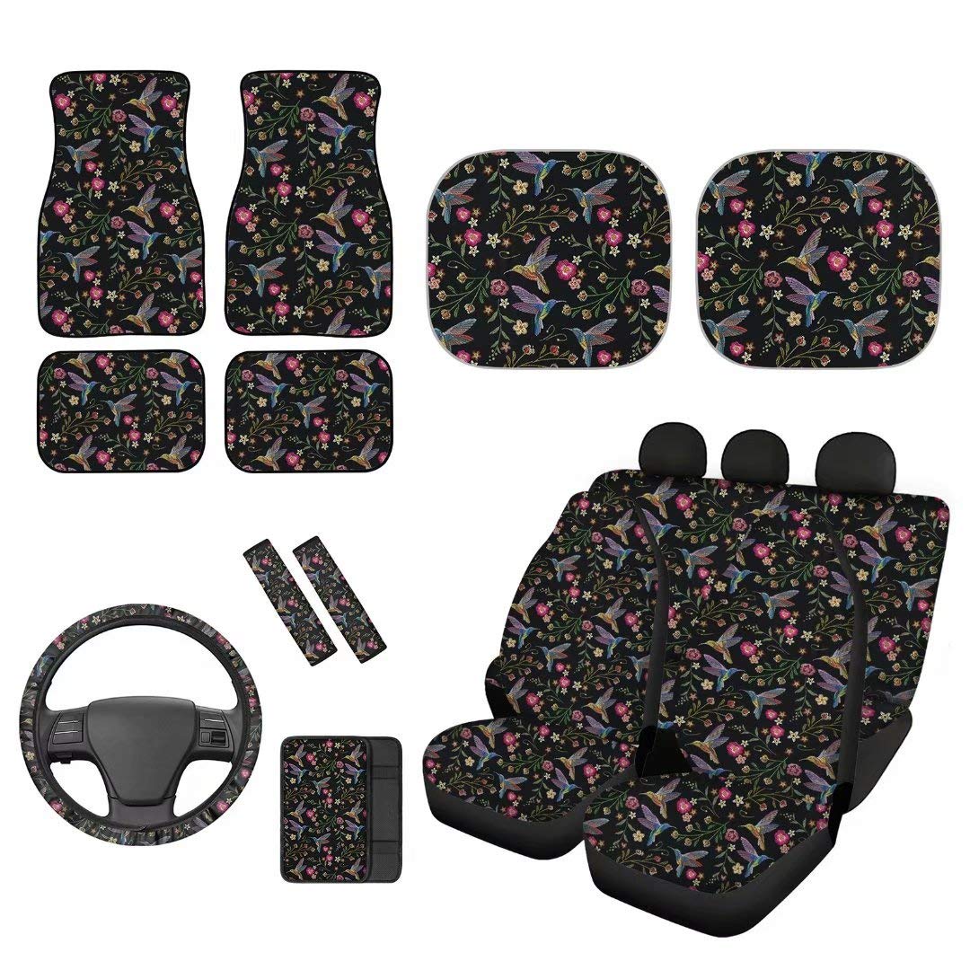 YoungerBaby Hummingbird Floral Print Car Interior Protector Set - Universal Seat Covers, Steering Wheel Cover, Seatbelt Pads, Armrest Cover, Floor Mats & Sunshade for Windshield | Perfect for Family Cars, Road Trips & Daily Commute Protection