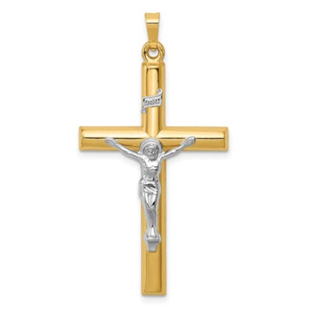 14K Two-Tone Yellow Gold & White Gold INRI Crucifix Pendant Necklace - Polished Tube Cross Religious Jewelry for Women & Men - Perfect for Baptism, First Communion, Confirmation & Spiritual Gifts