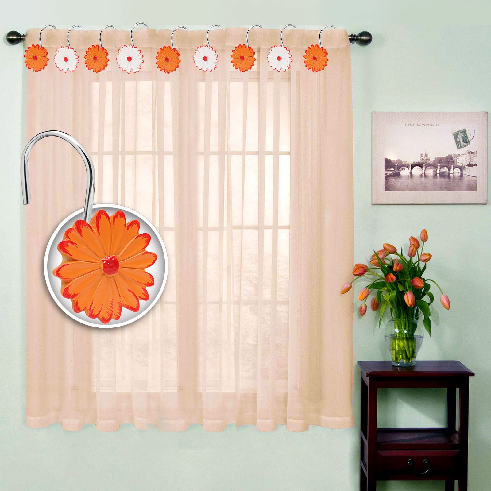 BEAVO Rustproof Resin Rose Flower Shower Curtain Hooks - Set of 12 Decorative Bathroom Hooks for Shower Rods & Curtains - Sunflower Design - Perfect for Home, Hotel, and Spa Bathroom Decor