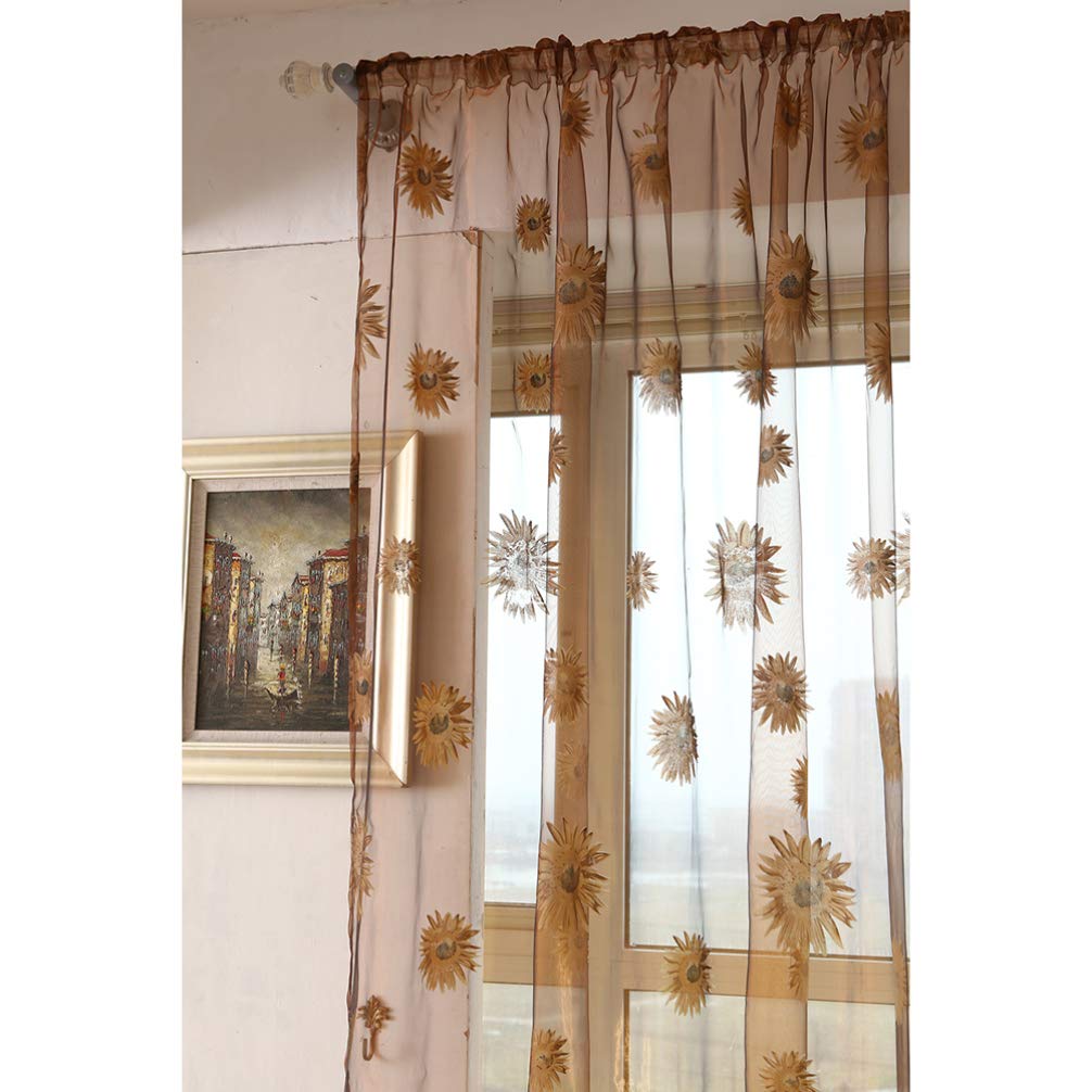 BESPORTBLE Crushed Voile Sheer Curtains - Flax Linen Window Treatments with Sunflower Pattern, Semi-Transparent Tulle Drapes for Living Room & Bedroom (Set of 2 Panels)