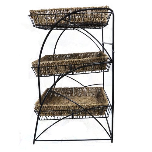 Tristan Triple Tiered Square Display Stand with Handwoven Seagrass Baskets - Rustic Home Decor for Bathroom, Kitchen & Bedroom Organization