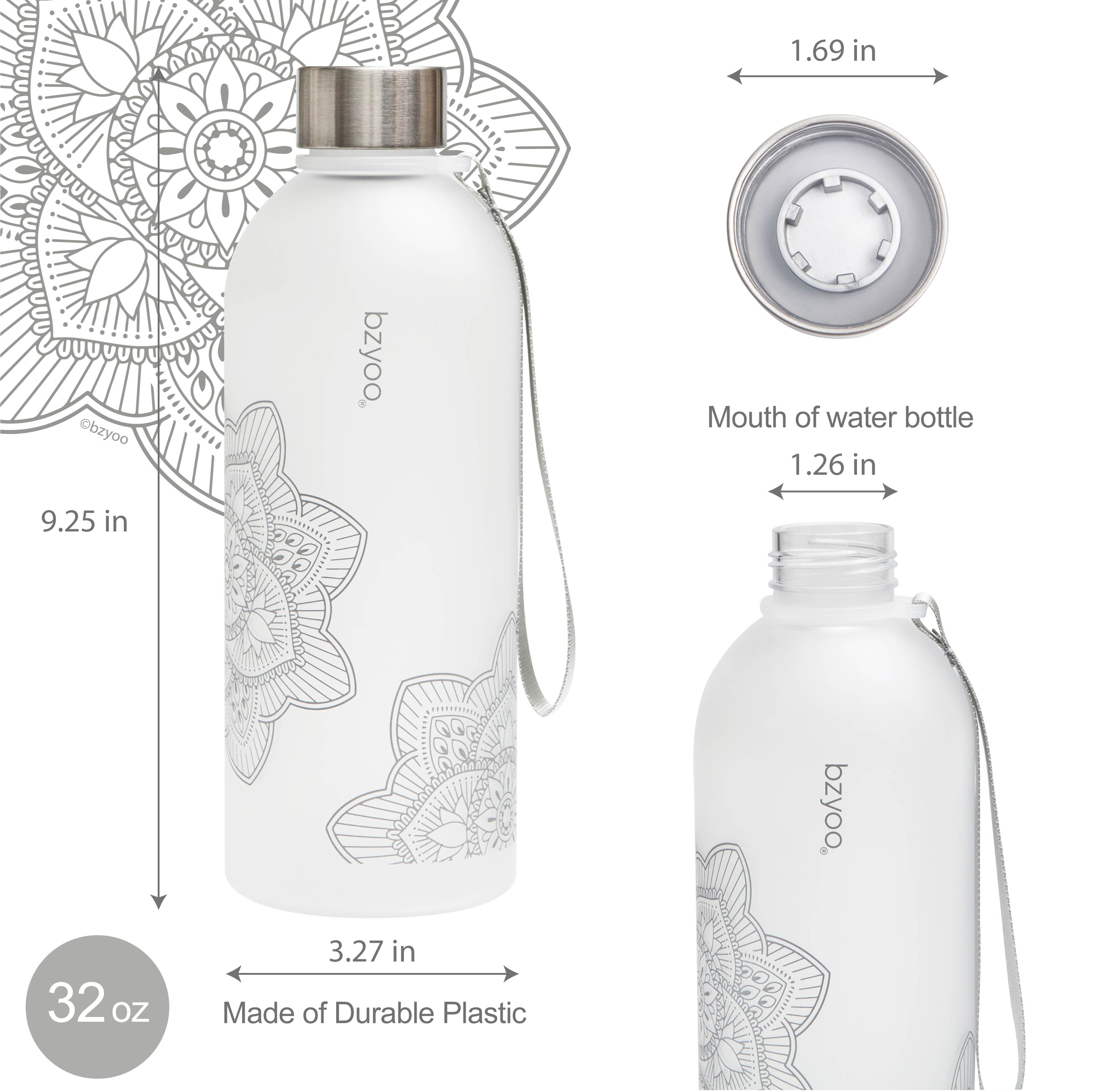 32oz La La Mandala Time Marker Tritan Water Bottle with Carrying Strap - BPA Free, Leak Proof, Motivational Water Tracking - Perfect for Gym, Yoga, Hiking & Daily Hydration (Silver)