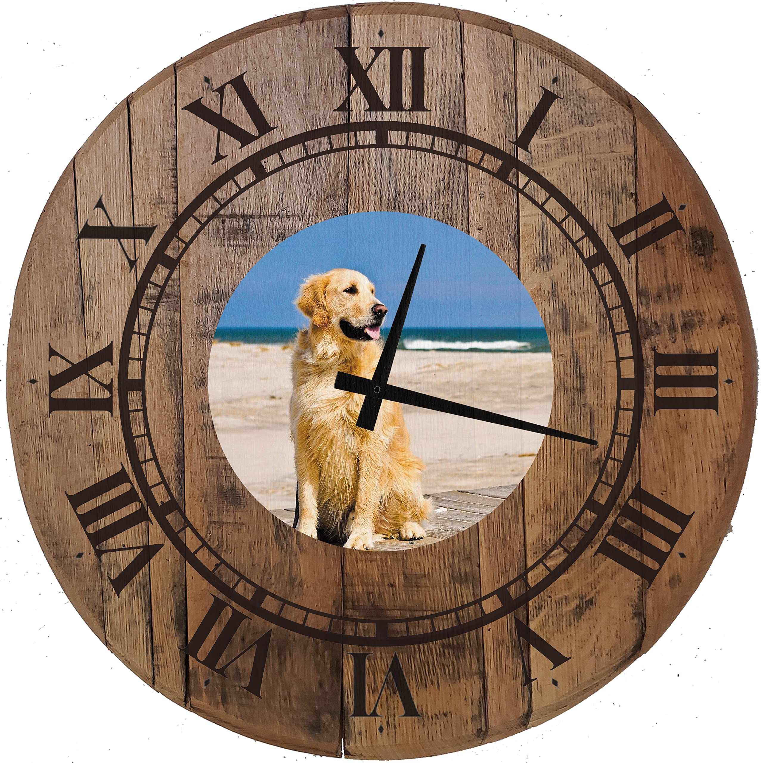 EVH Prints Wood Wall Clock - Happy Golden Retriever at Beach Ocean Scene - Authentic Whiskey Barrel Head Design - 22 Inch Rustic Wall Art for Living Room, Bedroom & Office Decor
