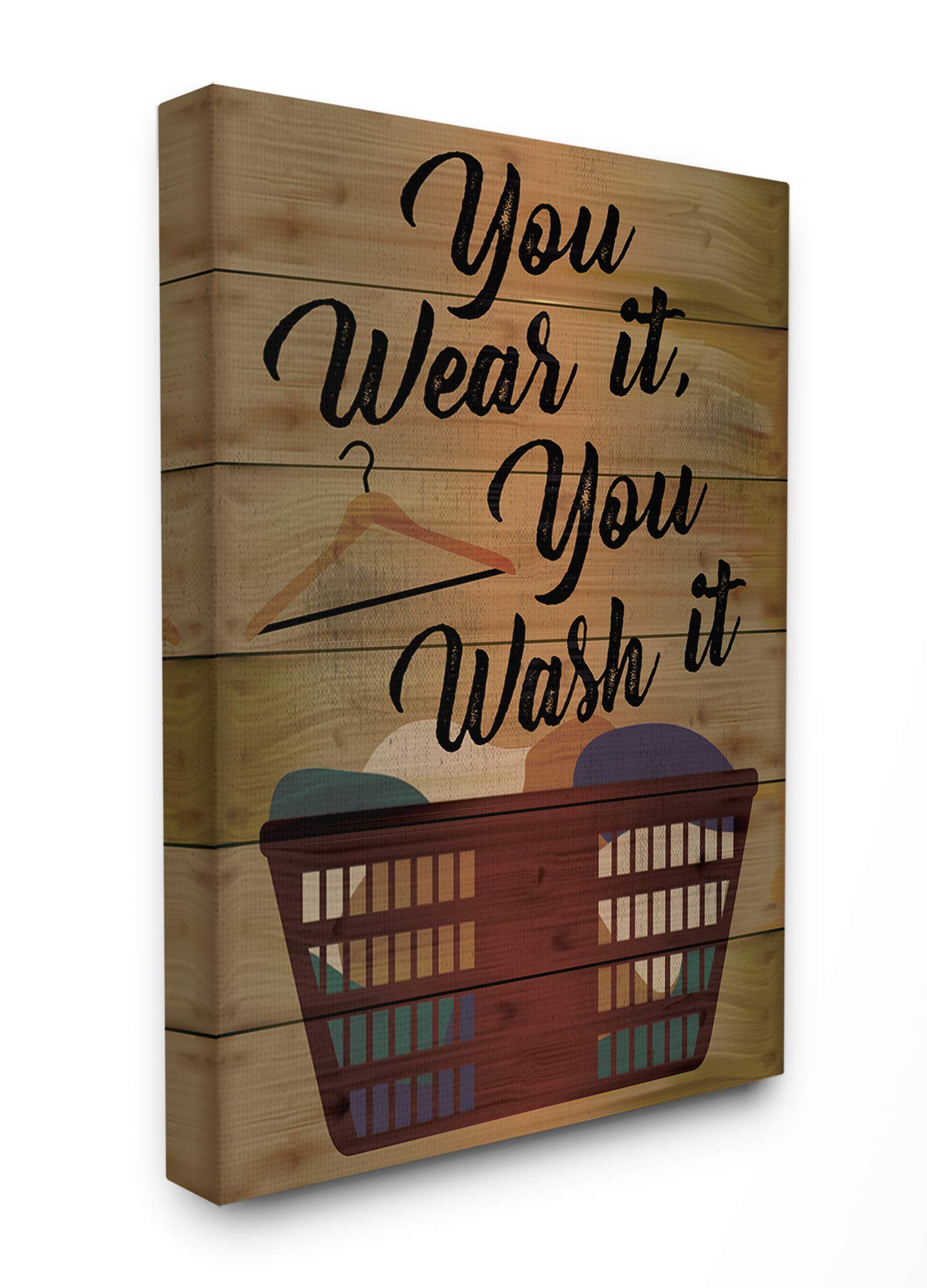 Stupell Industries 'You Wear It, You Wash It' Wood Plank Look Typography Canvas Wall Art with Hamper - 36x48 Inches, Multi-Color - Perfect for Laundry Room Decor & Funny Bathroom Wall Art