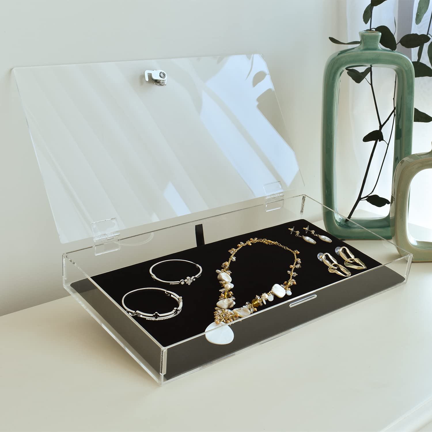 MOOCA Acrylic Rectangular Locking Security Display Case with Key & Black Padding - Perfect for Watches, Jewelry, Knives, Eyewear - Store, Showcase & Protect Your Valuables at Home or Retail Stores
