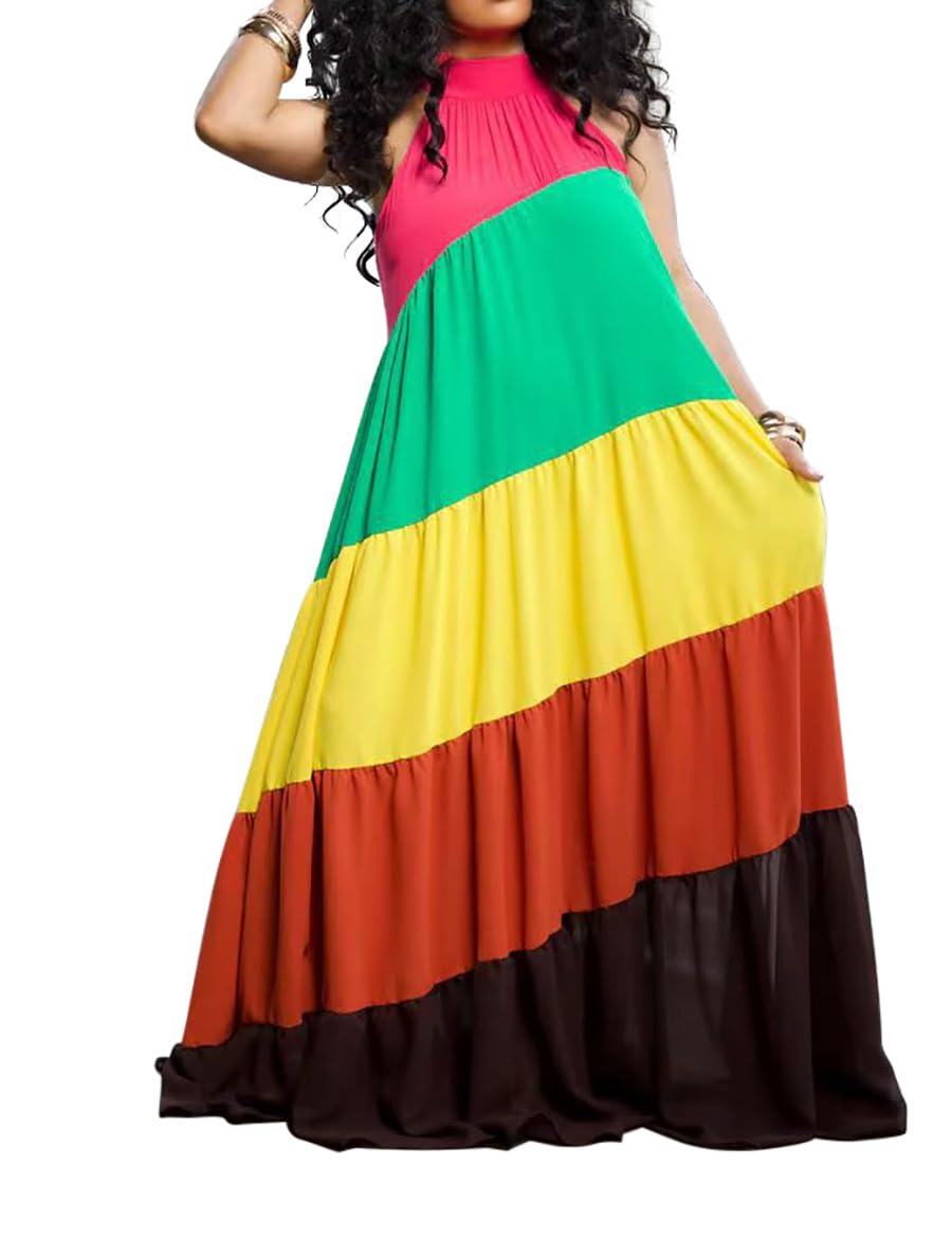 Yuopeid Women's Summer Sleeveless Halter Tie Back Maxi Dress - Colorful Loose Casual Sundress for Beach, Vacation & Outdoor Parties