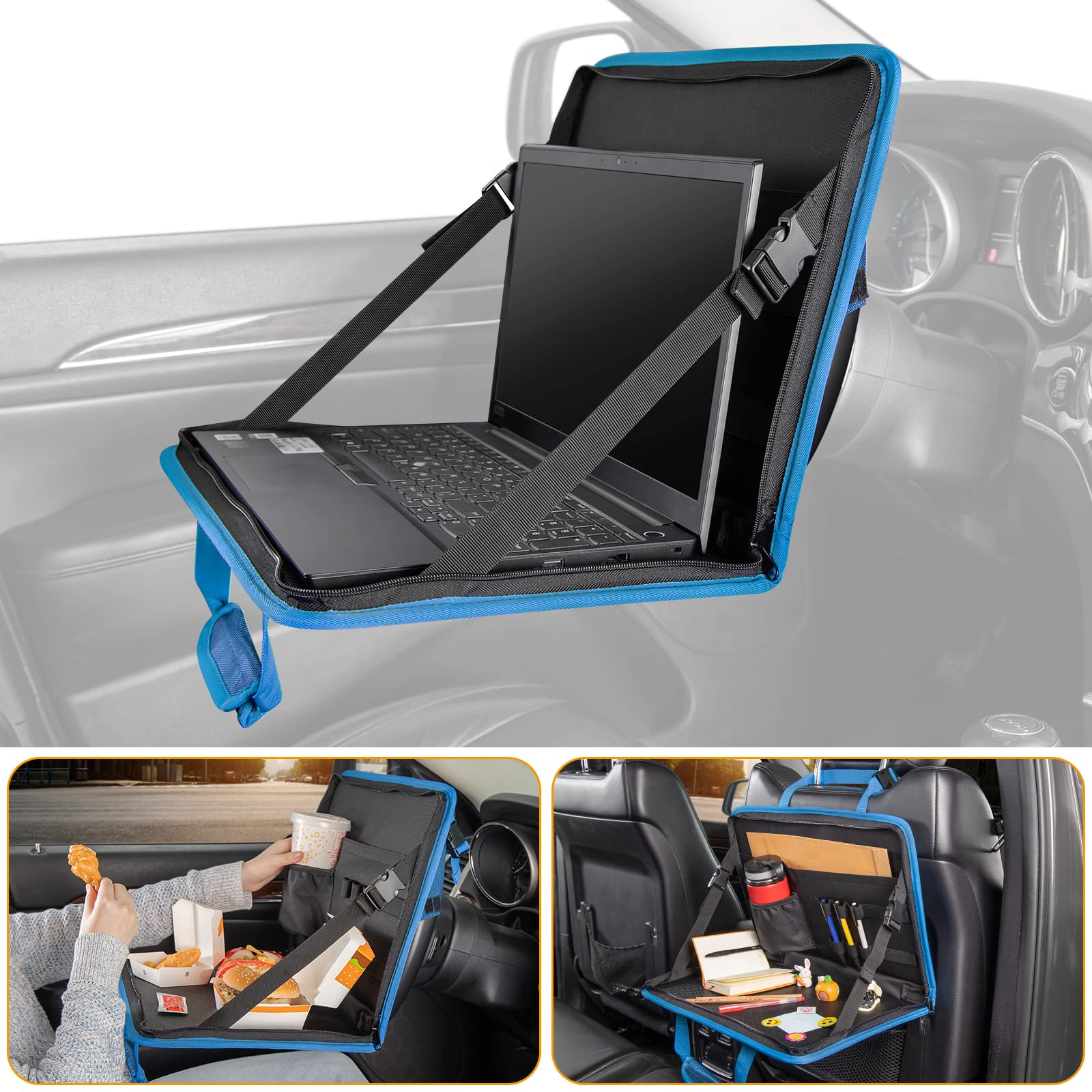 JOYTUTUS 3-in-1 Steering Wheel Eating Tray & Car Backseat Laptop Desk - Blue | Multifunctional Car Office Organizer for Writing, Working & Dining | Perfect for Commuters, Kids & Family Road Trips | Ideal for Meals, Work & Entertainment on the Go