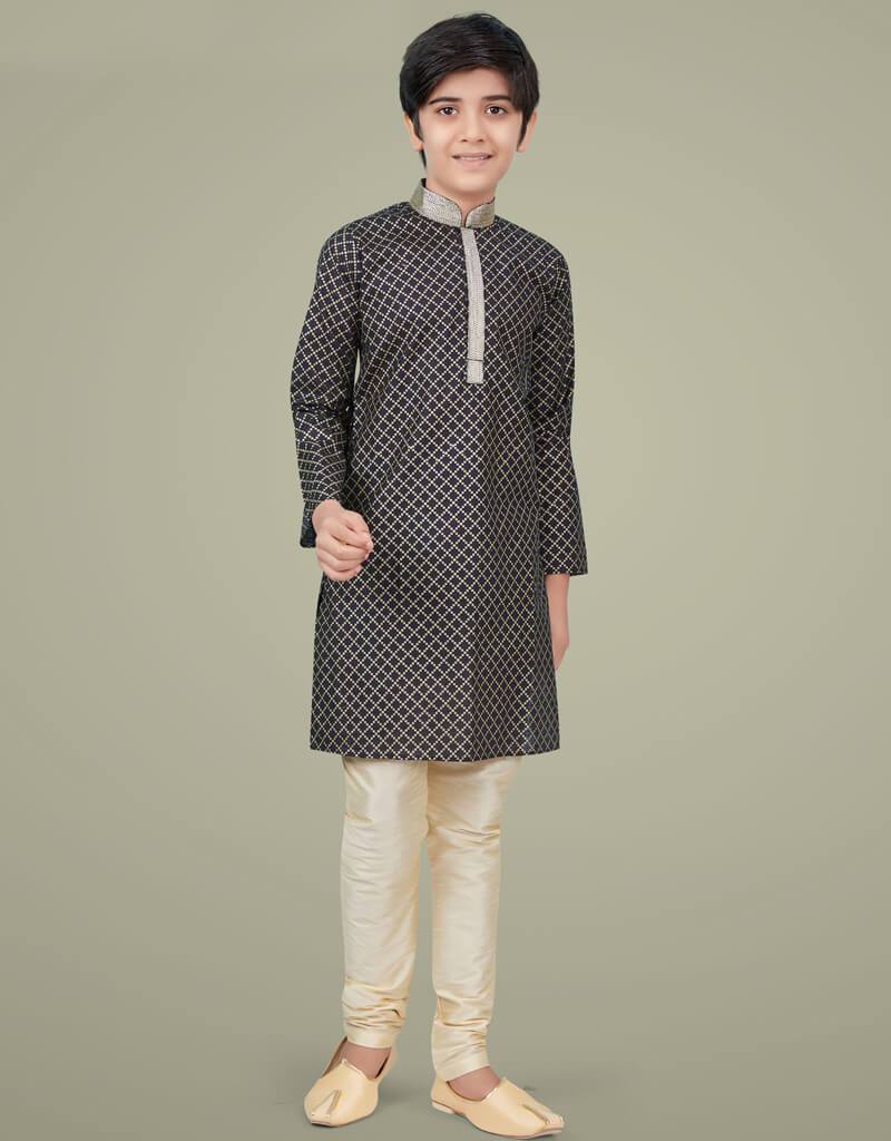 Stylish Black Kurta Pajama Set - Printed Cotton Silk Blend for Men - Perfect for Festivals, Weddings & Special Occasions