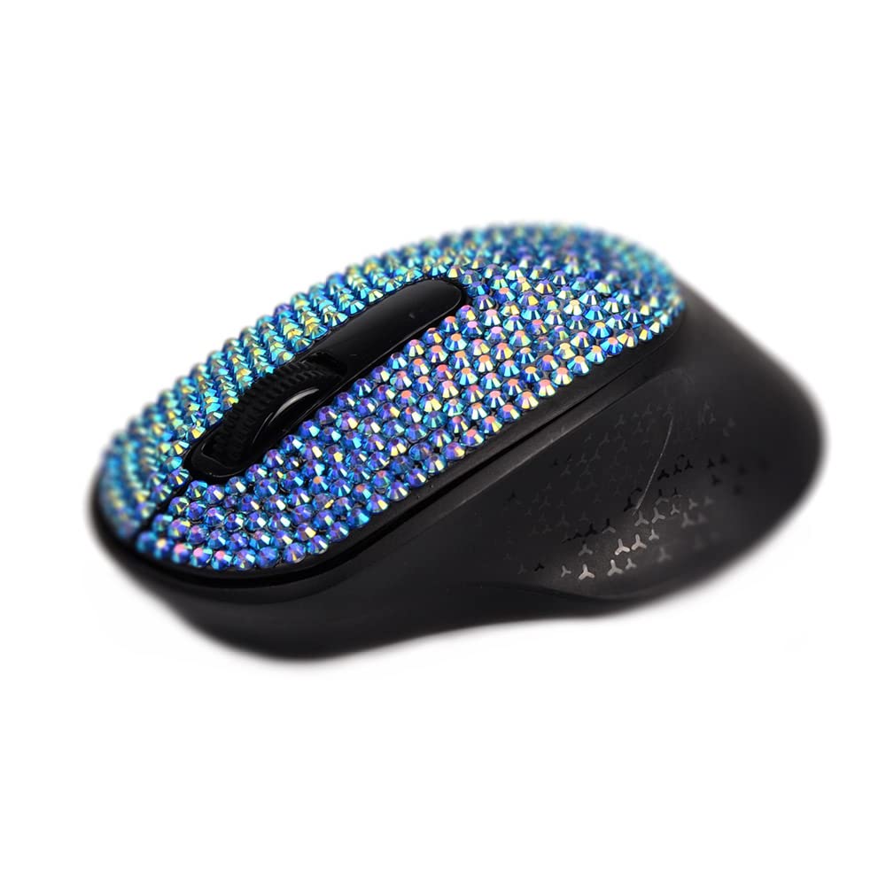Bling Bluetooth Wireless Mouse with Sparkle Rhinestones - Dual Mode Bluetooth & USB Receiver, 1500 DPI Adjustable for Laptop, PC, Mac, Tablet - Perfect for Office Work, Gaming & Travel (Blue)