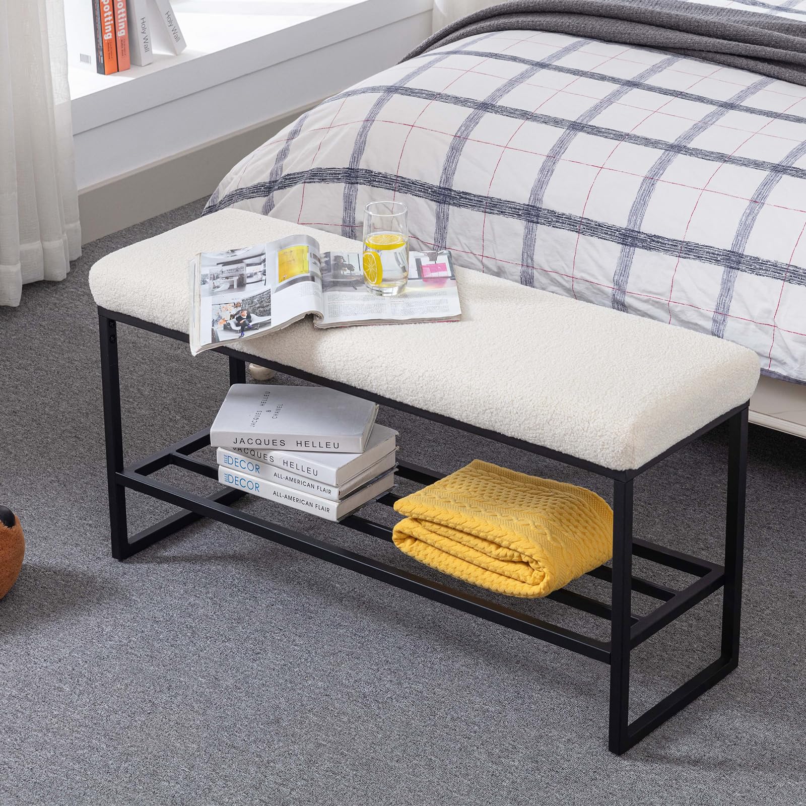 Zesthouse Boucle Upholstered Shoe Bench with Storage - Entryway, Bedroom, Closet & Living Room Organizer - White Metal Shoe Rack for Hallway, Mudroom & End of Bed (Perfect for Small Spaces & Home Organization)