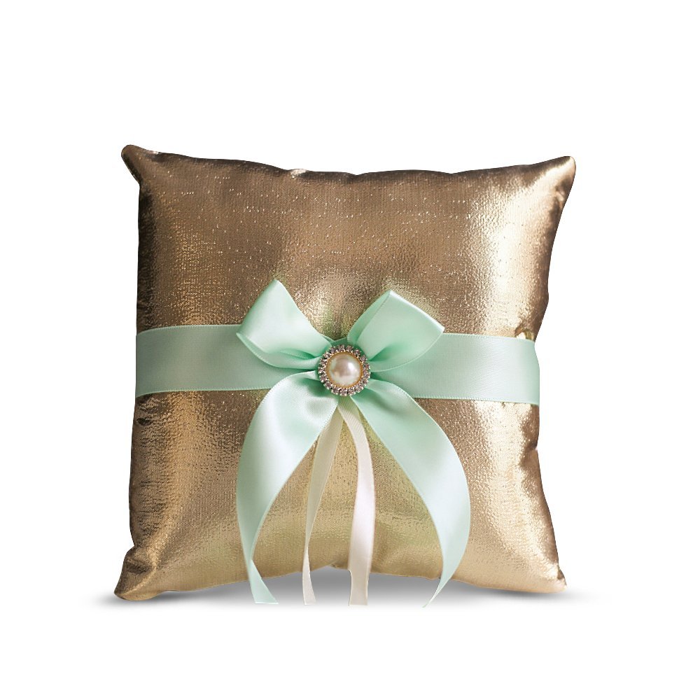Elegant Gold & Mint Wedding Ring Bearer Pillow and Flower Girl Basket Set - Satin & Ribbon Decor - Perfect Match for Bridesmaid Dresses & Wedding Themes - Ideal for Church Ceremonies, Garden Weddings & Reception Decor