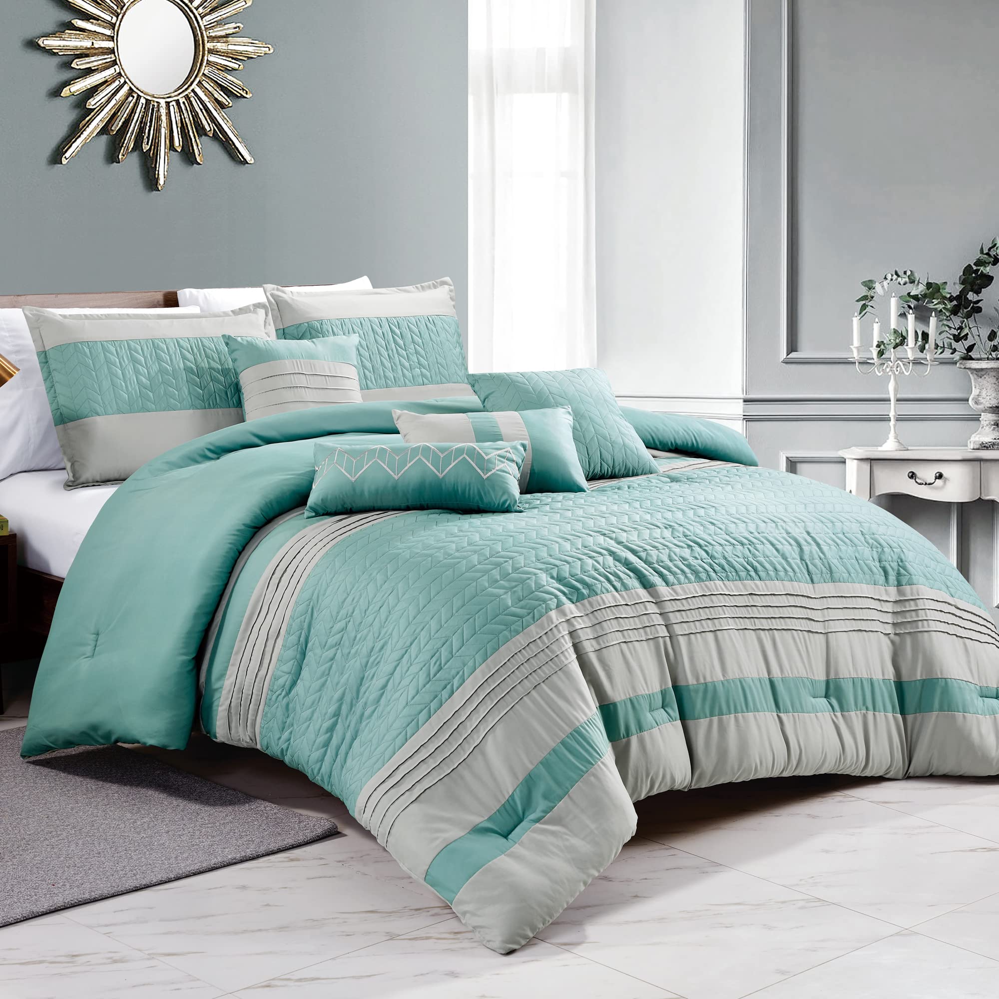 Luxury 7-Piece Full/Queen Comforter Set with Shams & Cushions - Modern Teal-Aqua & Light Gray Wavy Embossed Design - Bed in a Bag for Elegant Bedroom Decor - Perfect for Master Bedroom, Guest Room & Vacation Homes (22236V, Liesl, F/Q)