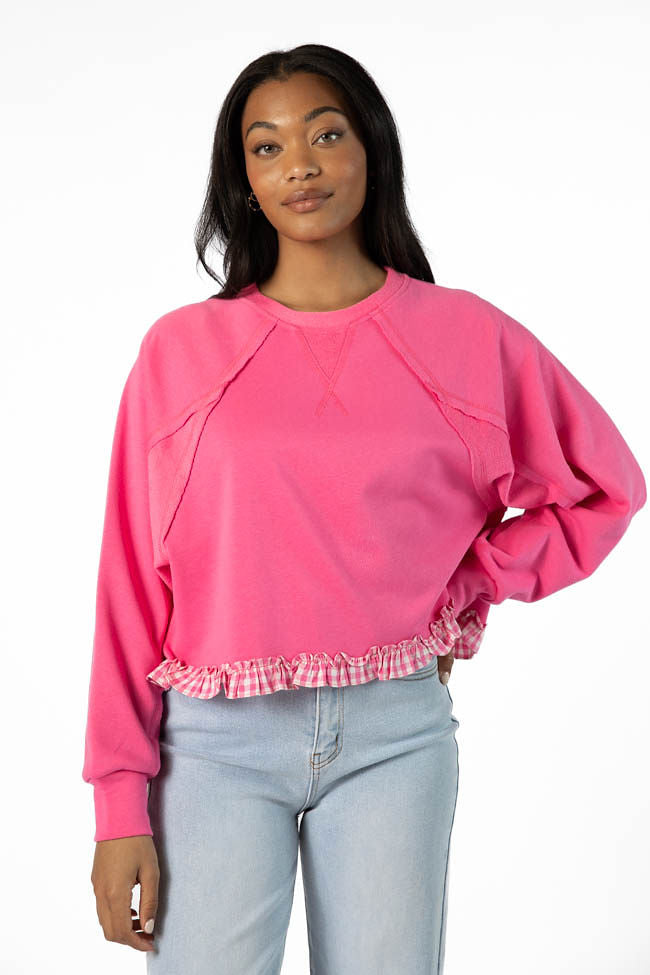 Away We Go Cropped Pink Gingham Ruffle Hem Crew Neck Sweatshirt - Women's Casual Pullover Top for Spring & Summer Outfits | Perfect for Dates, Brunch and Weekend Wear