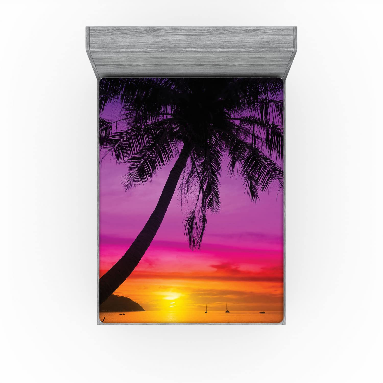 Ambesonne Tropical Fitted Sheet - Palm Tree Sunset Beach Design, Deep Pocket Full Size Bed Cover with All-Round Elastic (Purple, Orange, Black) | Perfect for Summer Bedroom Decor, Beach House & Vacation Home Styling