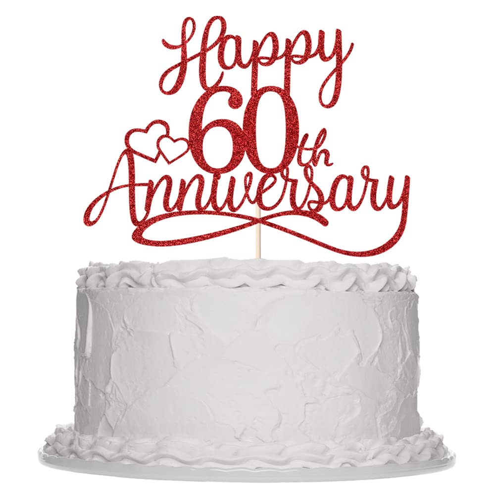 60th Anniversary Cake Topper - Gold Glitter Wedding & Birthday Party Decor for 60 Years Celebration, Company Milestone, Red - Perfect for Anniversaries, Birthdays & Corporate Events