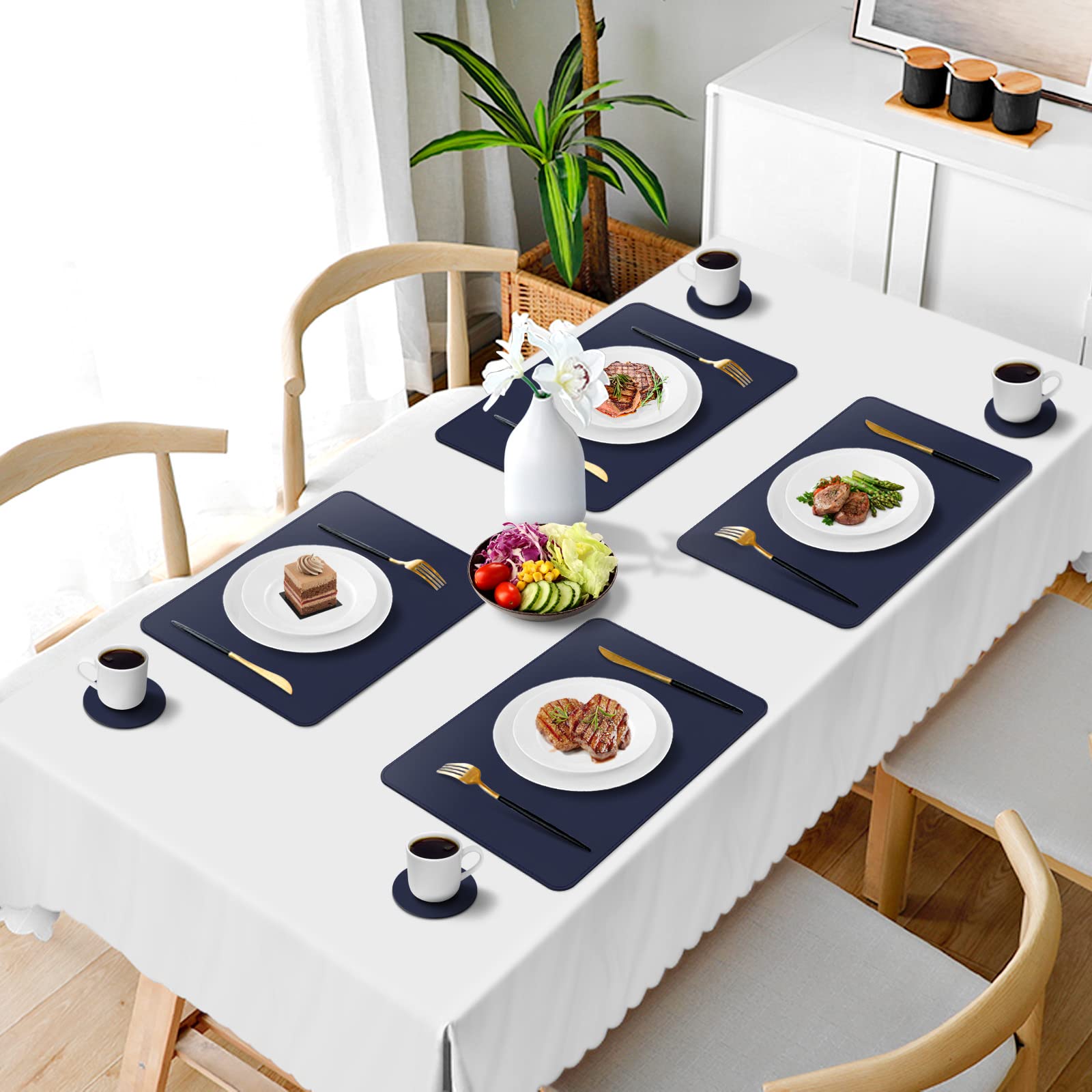 Premium Waterproof Faux Leather Placemats Set of 6 - Heat Resistant & Wipeable Table Mats for Kitchen Dining Decor - Navy Blue Vinyl Place Mats for Indoor Outdoor Use - Perfect for Dinner Parties, BBQs, and Daily Meals