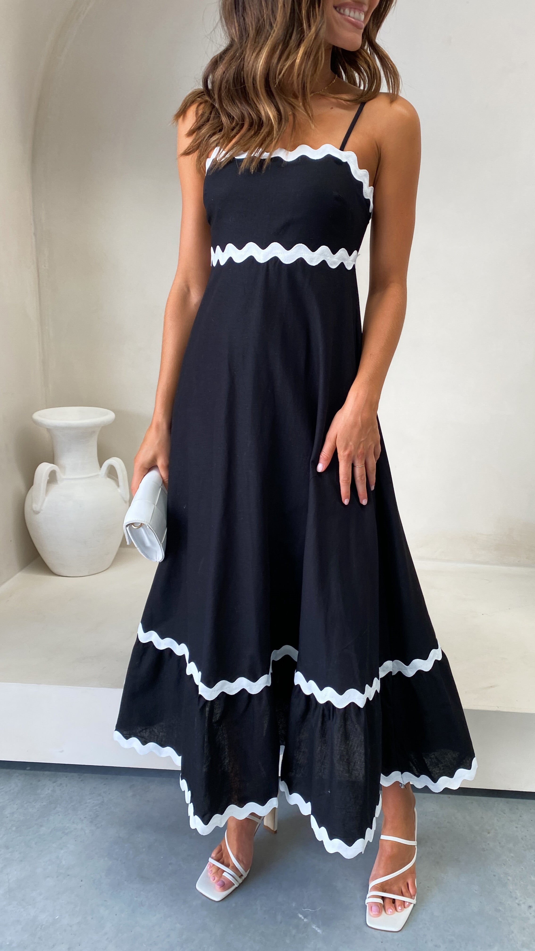 Brodey Midi Dress for Women - Elegant Black & White Flowy Summer Dress for Casual Outings, Date Nights & Beach Vacations