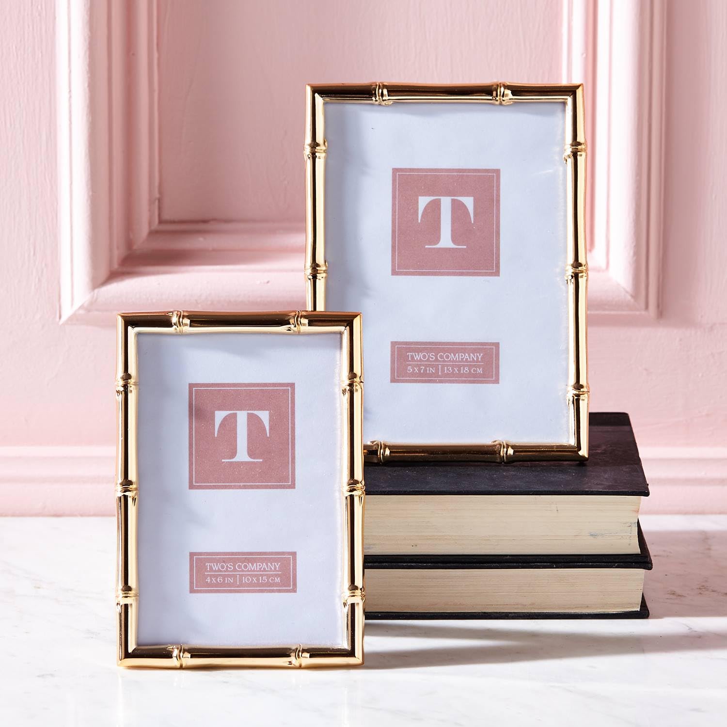 Two's Company Decorative Bamboo Picture Frames Set - 5x7 & 4x6 Gold Wall & Tabletop Frames for Vertical/Horizontal Display - Perfect for Home Decor, Wedding Photos & Office Display