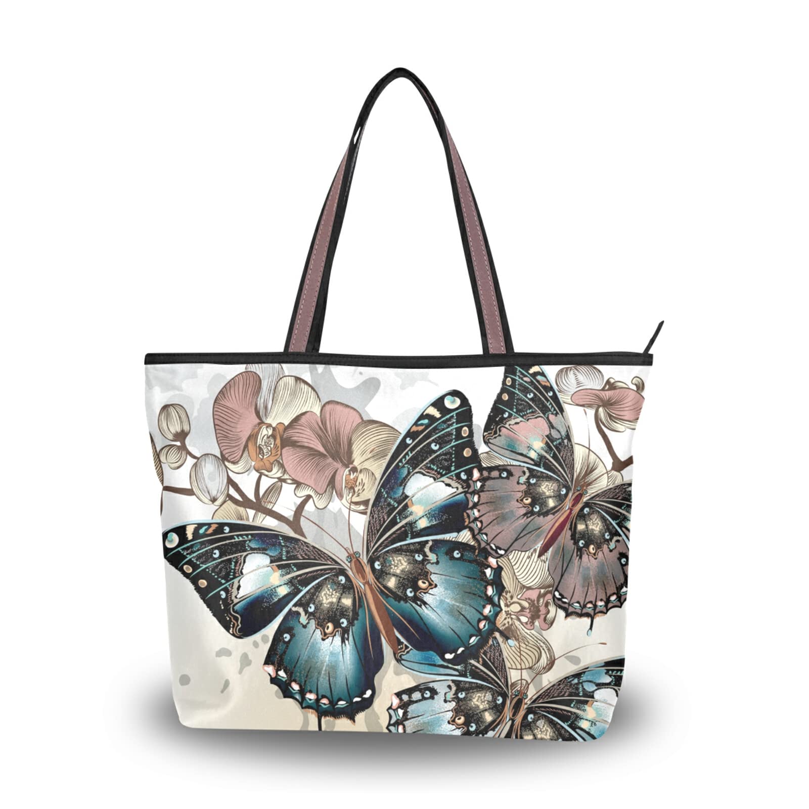 Vintage Blue Butterfly Tote Bag - Large Capacity Zipper Purse for Women | Shopping & Daily Use