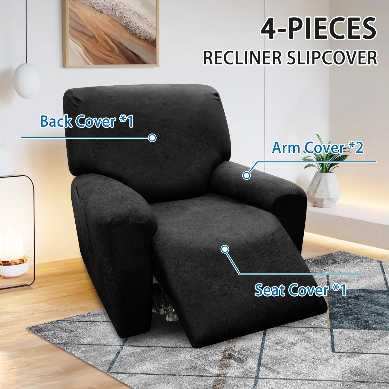 Recliner Chair Covers 4-Piece Set - Black Leather Look with Pockets for Living Room