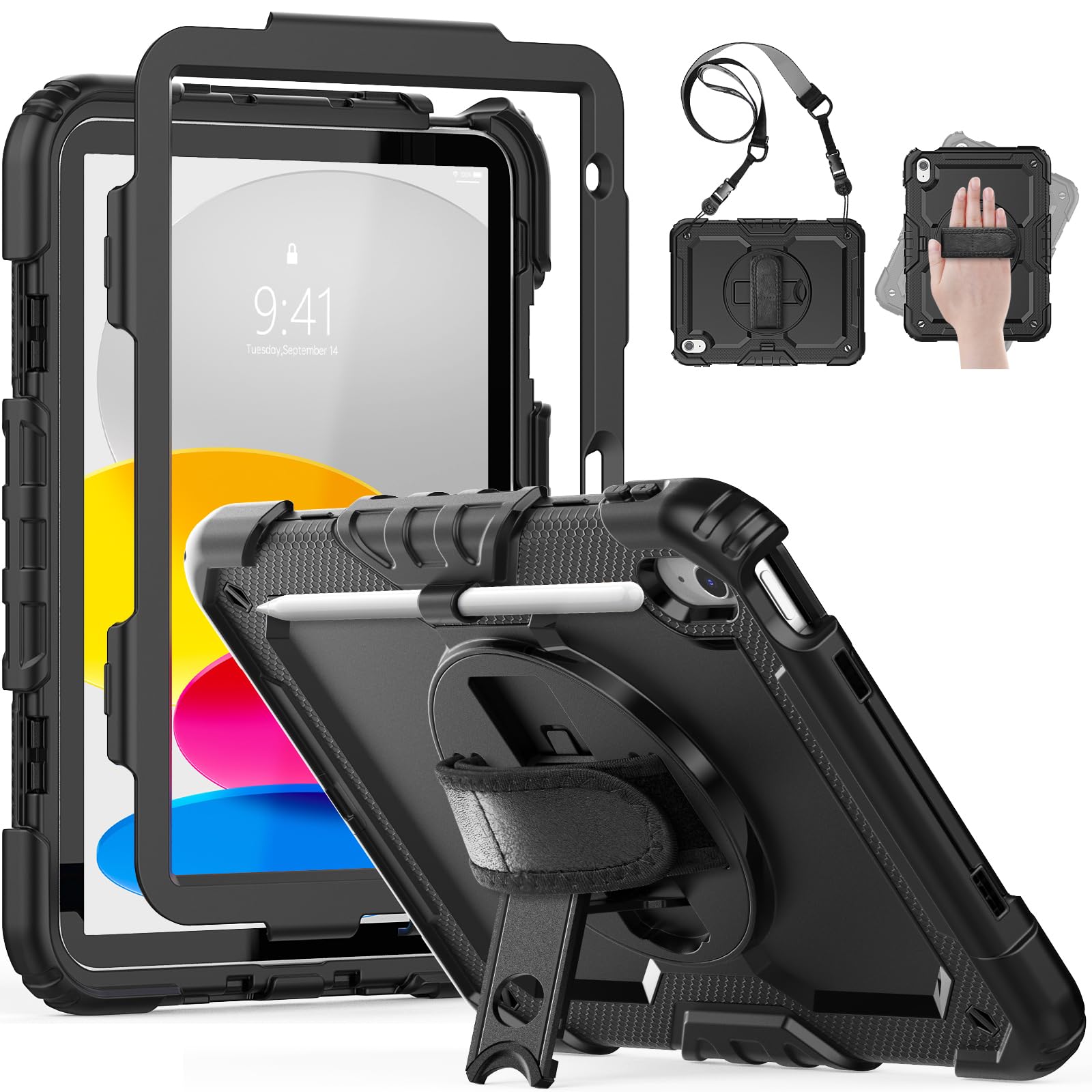 Shockproof iPad Case for iPad 11th/10th Generation (2025/2022 Model A2696/A2757/A3354) - Heavy Duty Protective Cover with Screen Protector, Pencil Holder & Hand Strap - Perfect for Work, Travel & Outdoor Use - 10.9-11 Inch iPad 10/11 Case in Black